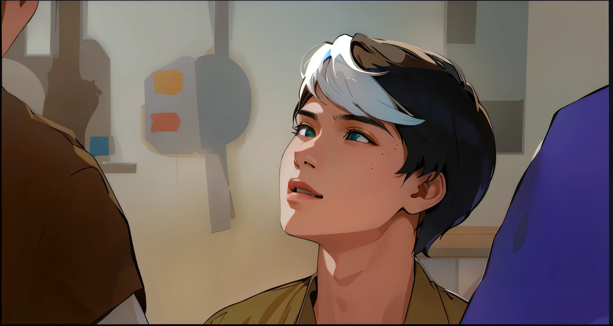dos jovenes ho,Bre 14-year-olds are in the high school classroom, Un le cuenta una historia al otro. . mientras le brillan los ojos de color azul su cabello tambien es de color azul