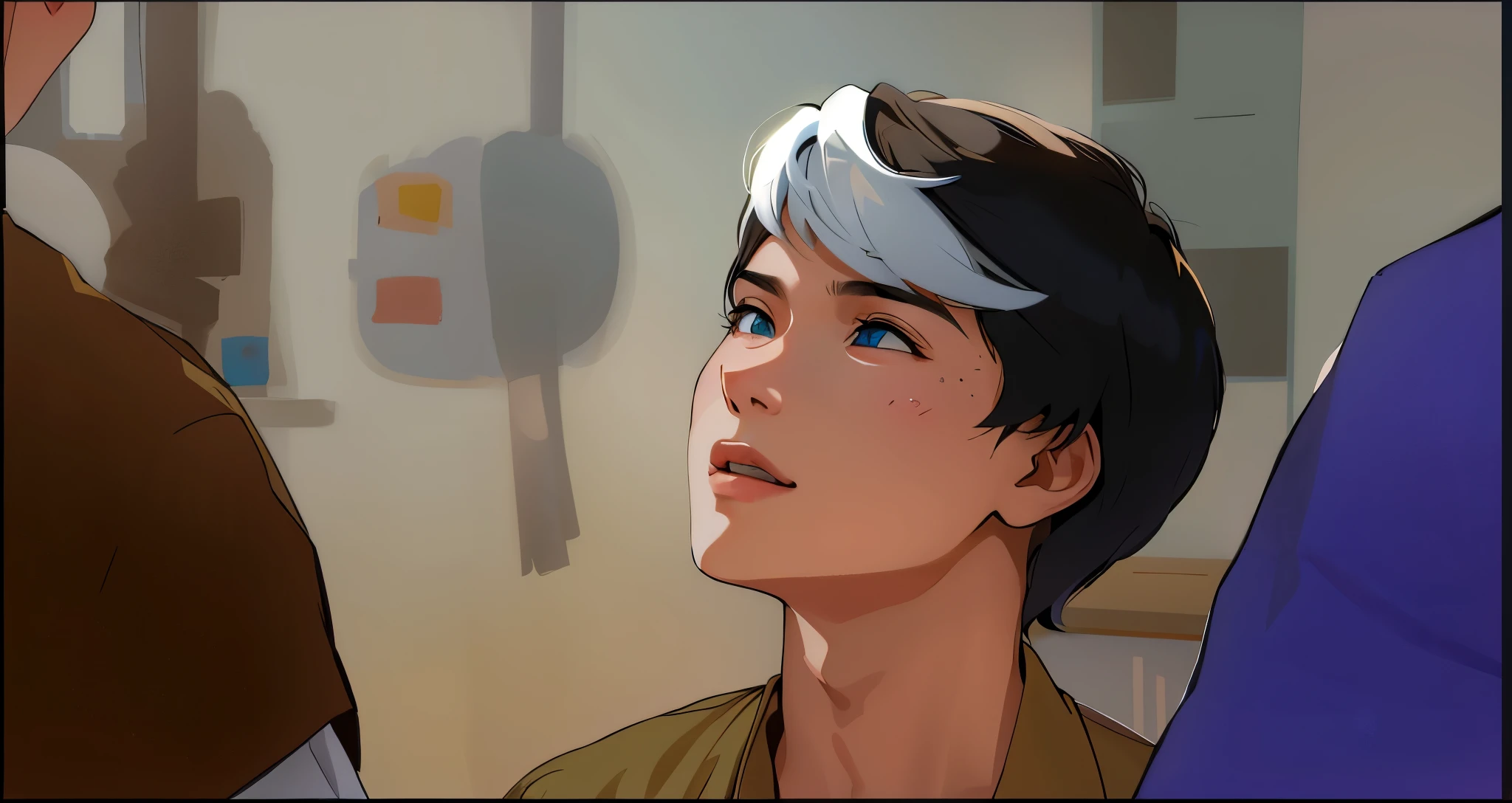 dos jovenes ho,Bre 14-year-olds are in the high school classroom, Un le cuenta una historia al otro. . mientras le brillan los ojos de color azul su cabello tambien es de color azul
