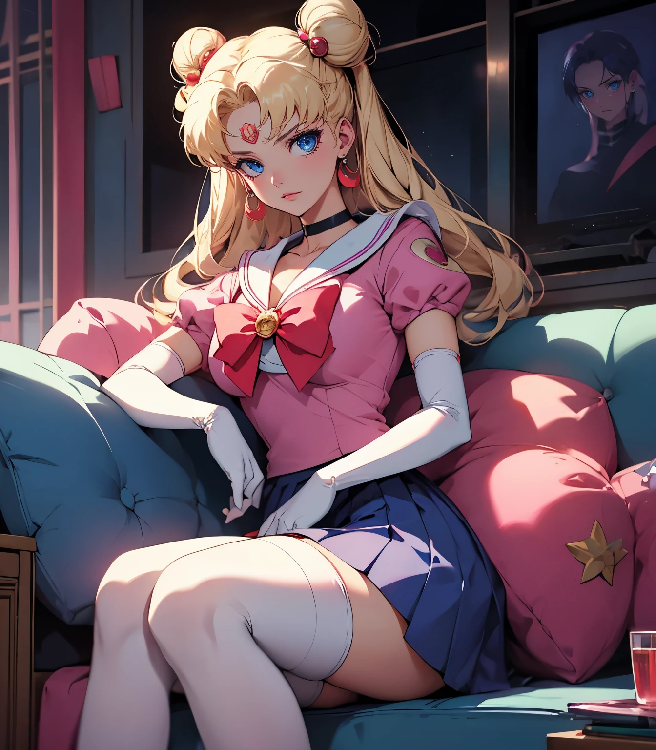 (masterpiece),(sailor moon) (risograph) best quality, full-body shot, expressive eyes, perfect face, medium breast, good breast, beautiful, gorgeous ,sitting on a couch, blonde, medium shot, indoors, lab, cleavage, aausagi, double bun, twintails, parted bangs, circlet, jewelry, earrings, choker, red bow, white gloves, elbow gloves, blue skirt, feminine, blushing,