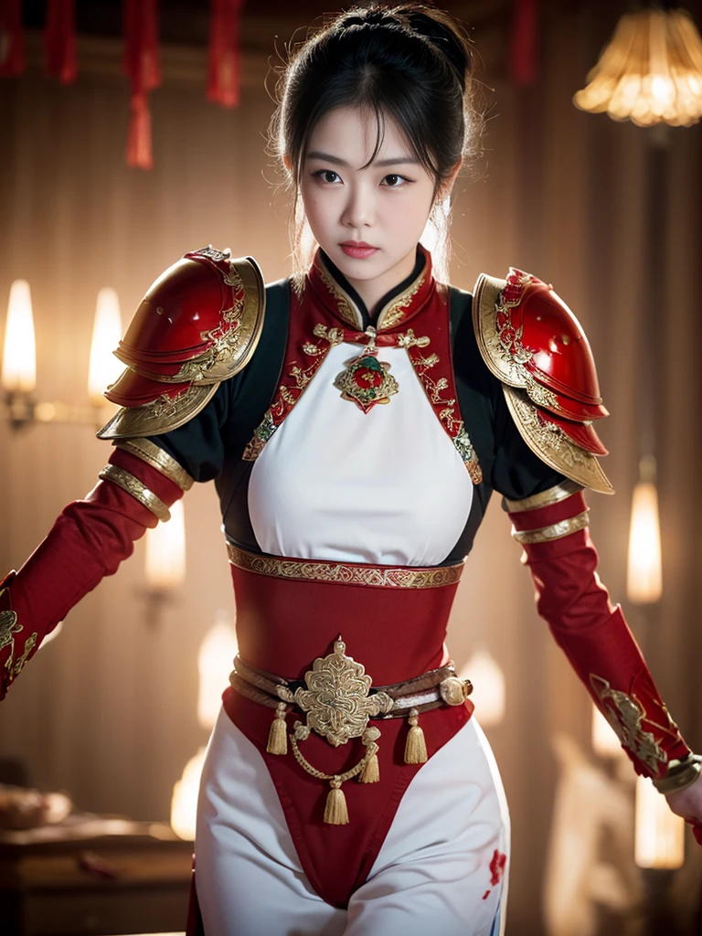 A professional portrait photo,masterpiece,top Quority,A Chinese female knight,18 years old,Black high ponytail short hair、Exquisite baby fat face,The skin is delicate and white,(((( There are knife wounds on the body,Tears and lots of blood)))),Plump and slightly fat,Cocked buttocks,,(( Wearing red Tang Dynasty Mingguang armor)),At Longmen Inn,hacked to death,Piercing the body,8K,art station,疯狂的Surrealism,complex细节,powerful,edge lighting,Diffraction grading,RTX,AI facial depiction,AI texture,Highly realistic photos,high definition,Uncensored,Super Analysis,Surrealism,concept art,grace,Highly detailed,complex,clear focus,Suitable depth of field,f/1.8,85mm,medium shot,medium shot拍摄,(((Professionally graded))),Bright, soft scattered light,(volumetric fog),(( Delicate facial depiction)),