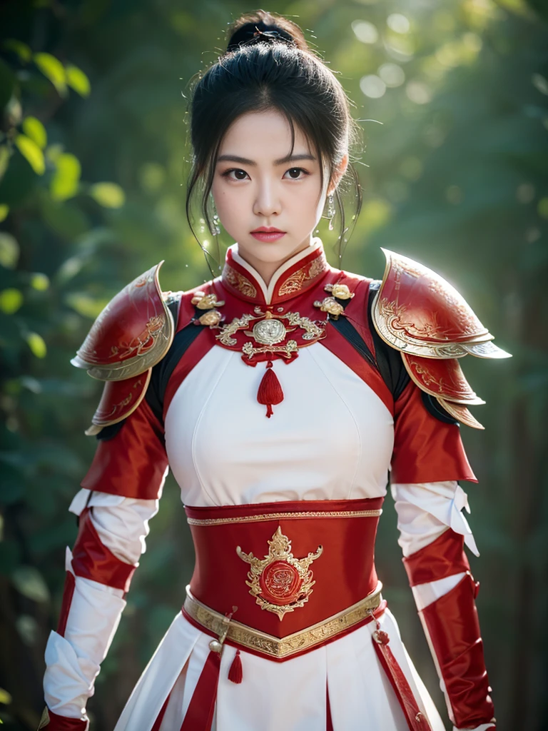 A professional portrait photo,masterpiece,top Quority,A Chinese female knight,18 years old,Black high ponytail short hair、Exquisite baby fat face,The skin is delicate and white,(((( There are knife wounds on the body,Tears and lots of blood)))),Plump and slightly fat,Cocked buttocks,,(( Wearing red Tang Dynasty Mingguang armor)),At Longmen Inn,hacked to death,Piercing the body,8K,art station,疯狂的Surrealism,complex细节,powerful,edge lighting,Diffraction grading,RTX,AI facial depiction,AI texture,Highly realistic photos,high definition,Uncensored,Super Analysis,Surrealism,concept art,grace,Highly detailed,complex,clear focus,Suitable depth of field,f/1.8,85mm,medium shot,medium shot拍摄,(((Professionally graded))),Bright, soft scattered light,(volumetric fog),(( Delicate facial depiction)),