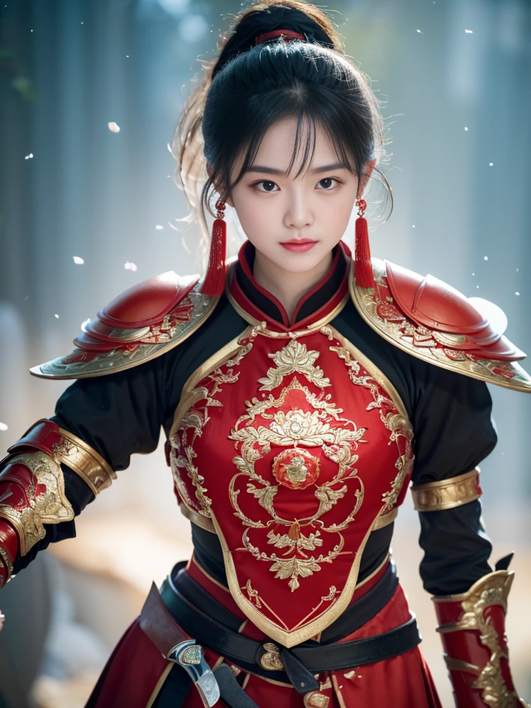 A professional portrait photo,masterpiece,top Quority,A Chinese female knight,18 years old,Black high ponytail short hair、Exquisite fat face,The skin is delicate and white,(((( There are knife wounds on the body,Tears and lots of blood)))),Plump and slightly fat,Cocked buttocks,,(( Wearing red Tang Dynasty Mingguang armor)),At Longmen Inn,hacked to death,Piercing the body,8K,art station,疯狂的Surrealism,complex细节,powerful,edge lighting,Diffraction grading,RTX,AI facial depiction,AI texture,Highly realistic photos,high definition,Uncensored,Super Analysis,Surrealism,concept art,grace,Highly detailed,complex,clear focus,Suitable depth of field,f/1.8,85mm,medium shot,medium shot拍摄,(((Professionally graded))),Bright, soft scattered light,(volumetric fog),(( Delicate facial depiction)),