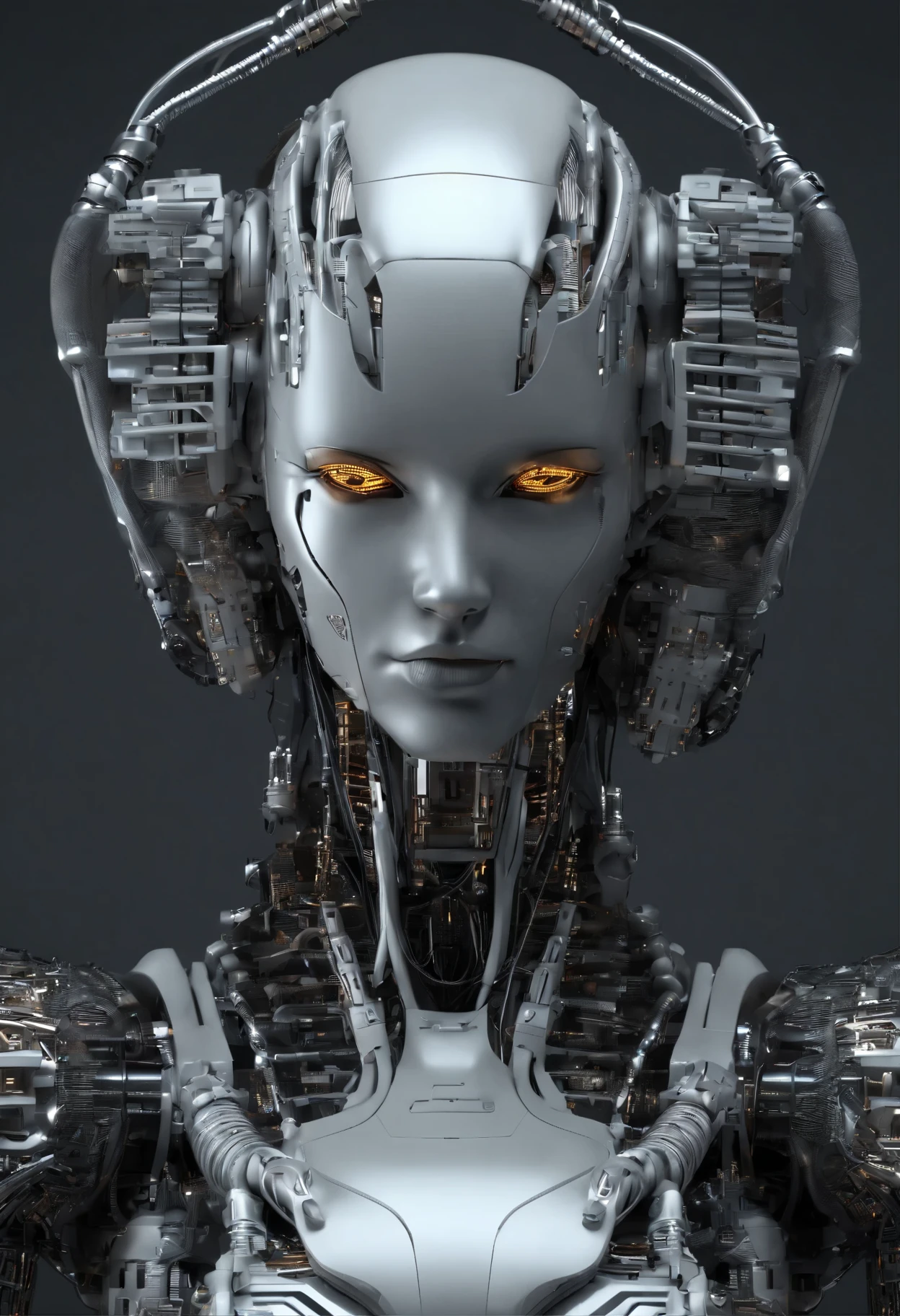Portraid, Intricate 3d rendering of highly detailed beautiful ceramic female robot, ciborgue, robot parts, 150mm, beautiful studio soft light, Luz de aro, detalhes vibrantes, ciberpunk de luxo, RENDA, surreal, Anatomia , facial muscles, fios de cabo, microchips, elegance, fundo bonito, Octane rendering, Estilo HR Giger, 8k, melhor qualidade, obra de arte, illustration, Muito delicado e lindo, muito detalhado, realista, uniforme, ( fidelidade, fidelidade: 1.37), splendid, detalhe fino, obra de arte, melhor qualidade, arte oficial, Papel de parede realista Unity 8K muito detalhado, absurdo, Inacreditavelmente absurdoo, robot, capacete prateado, corpo todo, sentar e escrever