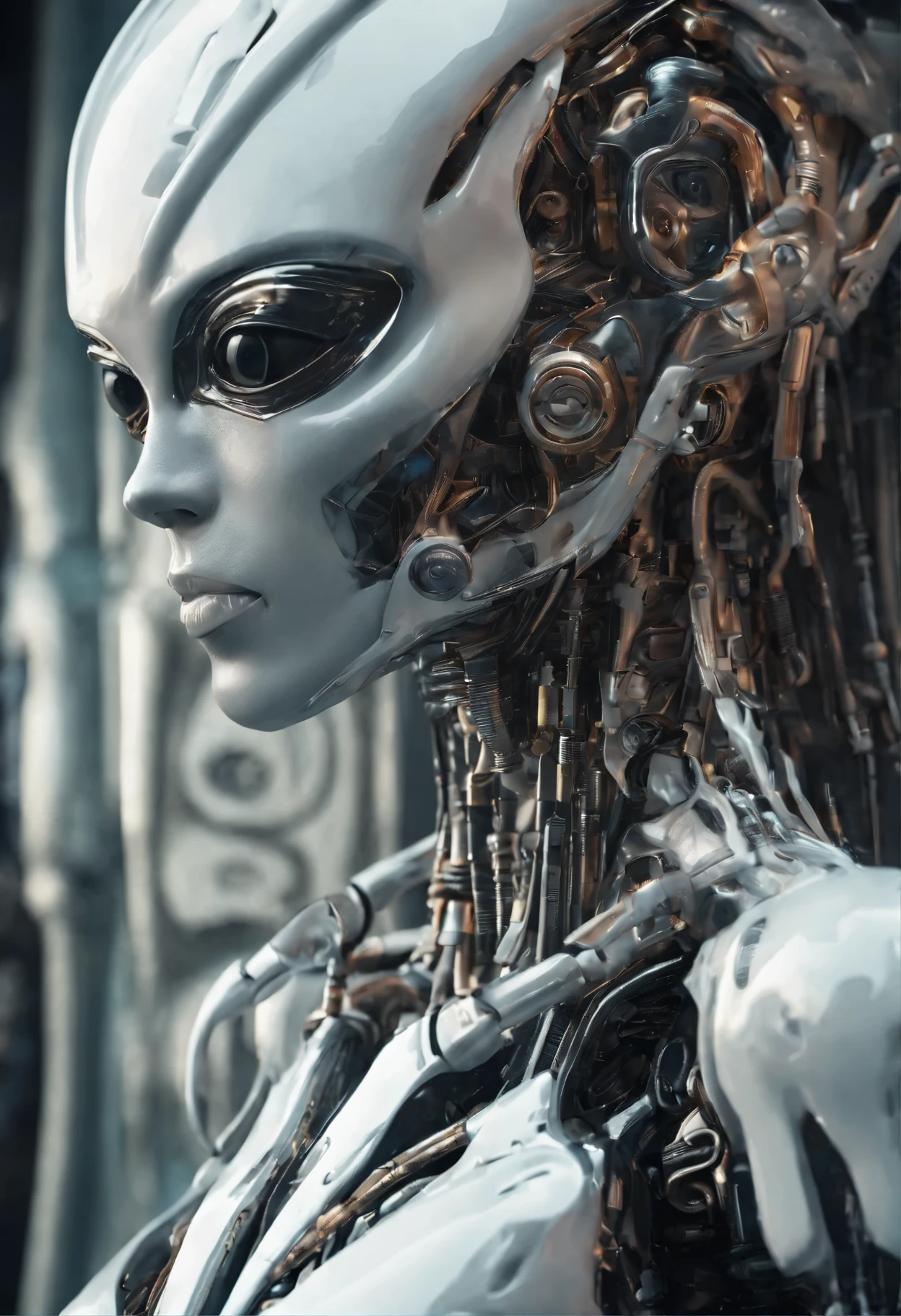 Portraid, Intricate 3d rendering of highly detailed beautiful ceramic female robot, ciborgue, robot parts, 150mm, beautiful studio soft light, Luz de aro, detalhes vibrantes, ciberpunk de luxo, RENDA, surreal, Anatomia , facial muscles, fios de cabo, microchips, elegance, fundo bonito, Octane rendering, Estilo HR Giger, 8k, melhor qualidade, obra de arte, illustration, Muito delicado e lindo, muito detalhado, realista, uniforme, ( fidelidade, fidelidade: 1.37), splendid, detalhe fino, obra de arte, melhor qualidade, arte oficial, Papel de parede realista Unity 8K muito detalhado, absurdo, Inacreditavelmente absurdoo, robot, capacete prateado, corpo todo, sentar e escrever