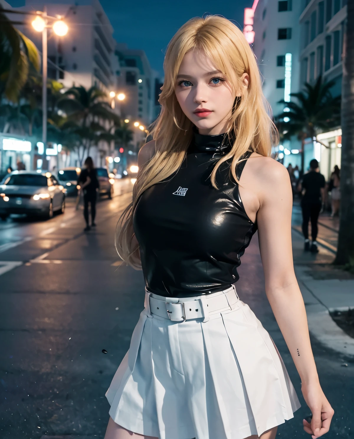 tall girl with fangs standing in the street at night, sexy pose ,snow on the ground, wet clothes, seductive, beauty spot on chin, wearing a loose oversized jacket, off the shoulder, fishnet leggings, wearing an oversized dress, wearing a long loose white shirt, sexy thighs, side pose, small mole on the chin, blushing, neon lights in the background, detailed background, raining, long sleeves, neck choker with necklace, long necklace, evil look, detailed digital anime art