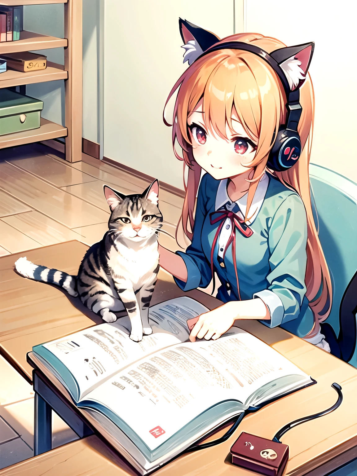 anime girl with headphones and a cat sitting on a desk, anime cat, anime style 4 k, cute anime catgirl, anime art wallpaper 4k, anime art wallpaper 4 k, cute art style, anime catgirl, digital anime art!!, anime art wallpaper 8 k, anime art style, cute anime girl, anime girl with cat ears, anime picture, cute anime