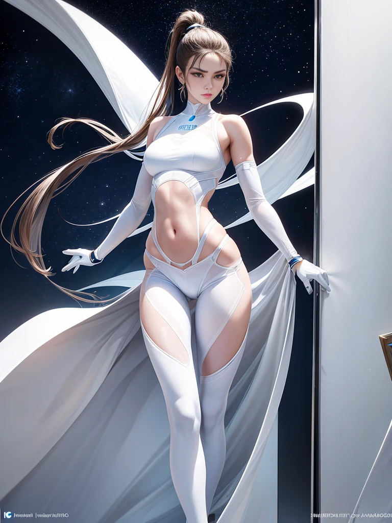 full-body shot，masterpiece，Extreme，Beautiful girl with fair skin，With a high ponytail，，Cold eyes，Wearing a transparent white shaping future technology armor，Expose the crotch，Expose the navel and lower abdomen，Standing in the starry sky，Showing off underwear and proud body