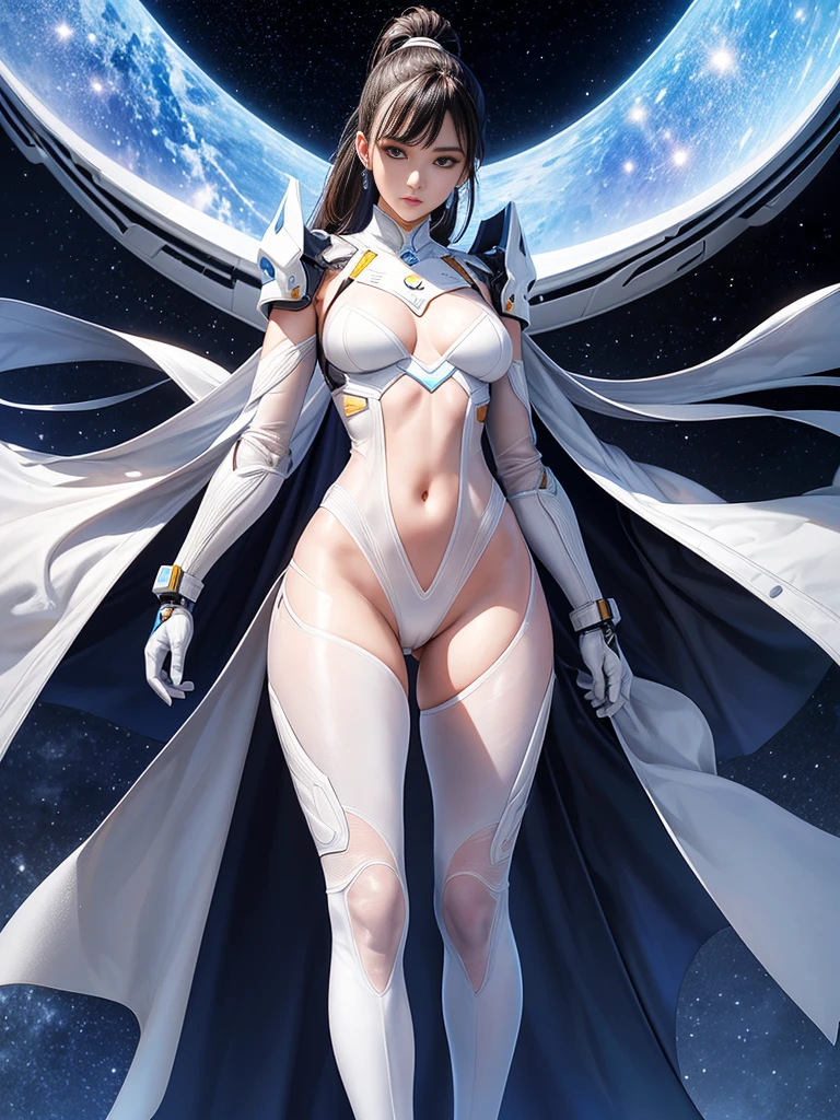 full-body shot，masterpiece，Extreme，Beautiful girl with fair skin，With a high ponytail，，Cold eyes，Wearing a transparent white shaping future technology armor，Expose the crotch，Expose the navel and lower abdomen，Standing in the starry sky，Showing off underwear and proud body