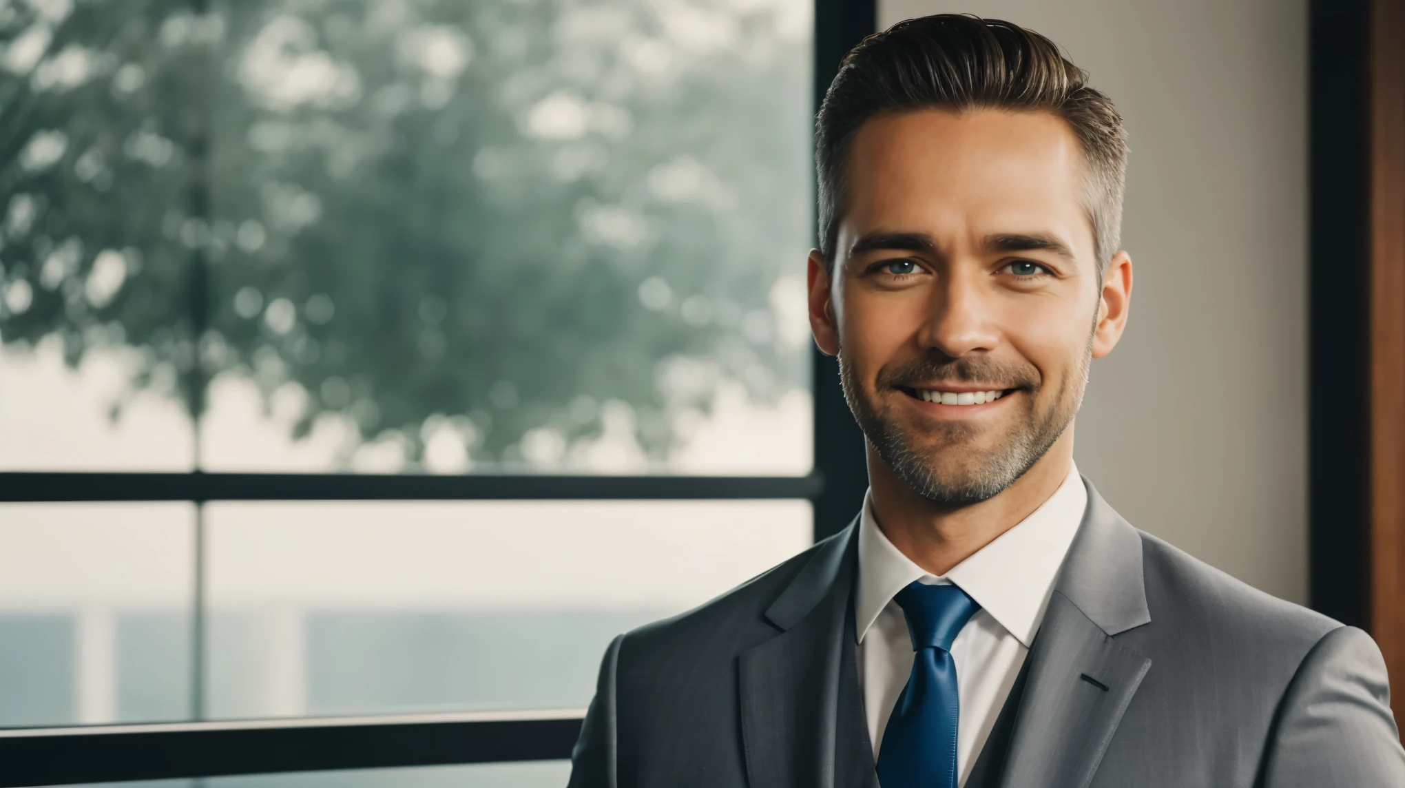 Create actor Jay Harrington as Pastor, smiling and happy, in an office, focus on the face, Pastor looking at the center of the image, Pastor sitting in an office with an open bible, Pastor, short gray hair, film cover style, short gray beard, wearing a suit, focus on body details, cover image, heavenly atmosphere, film photography style, focus on facial details, heavenly atmosphere, cinematic effect, ultra HD, best quality, wearing a suit.