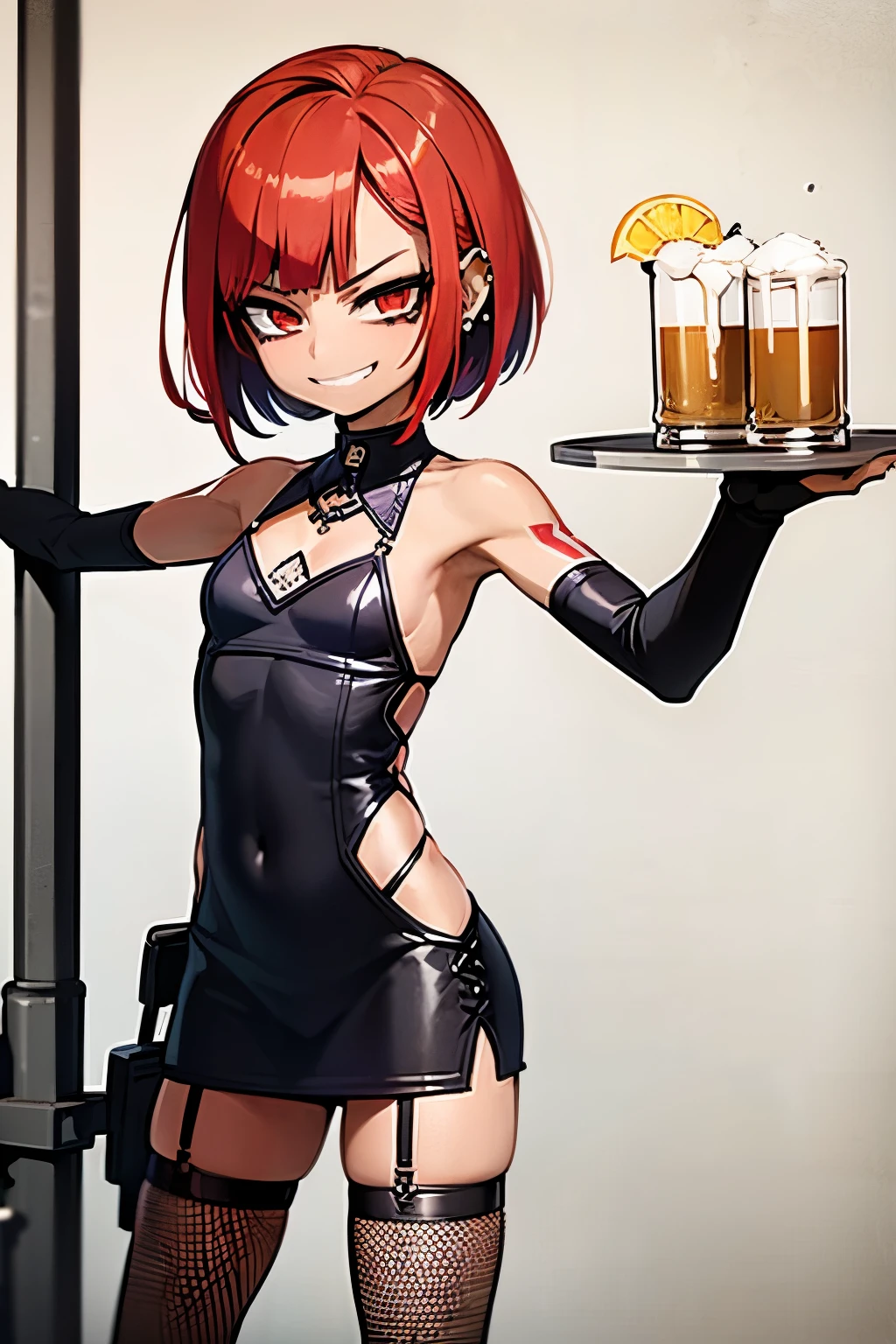 young girl, red hair, 18 years old, small breasts, small biotype, bob hair, tattoed arms, black tattos, piercings in face, , black dress, black letter dress, short dress, punk dress, wearing fishnet stockings, black boots, smiling, looking at viewer, holding beer cup, 4k, masterpiece