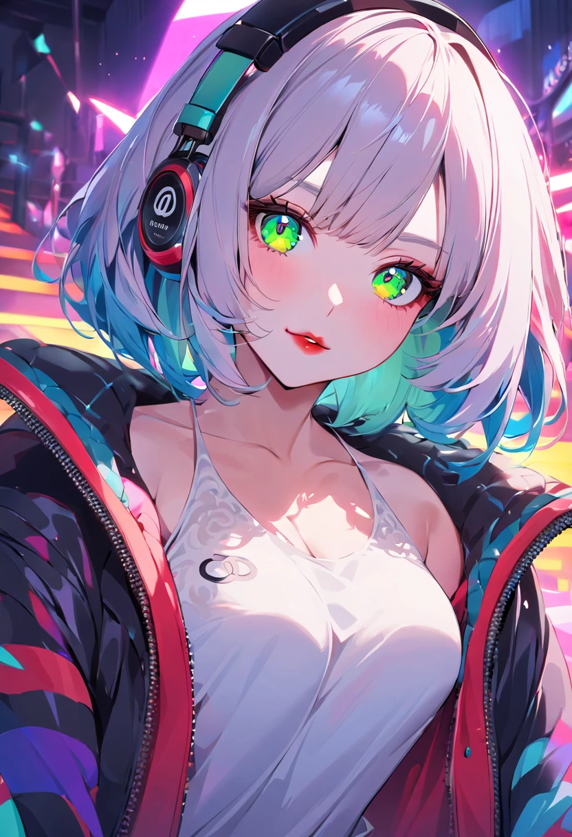 A mature, very sexy and beautiful adult woman with large green eyes, short hair styled in a Chanel cut. Impeccably made up with red lipstick, dark eyeshadow accentuating her bright eyes. She's dressed in an open jacket that's slightly oversized, wearing a top covering her ample bosom. Sporting large, colorful headphones, she stares directly at the camera. The background is a vibrant musical club setting with various multicolored light effects.