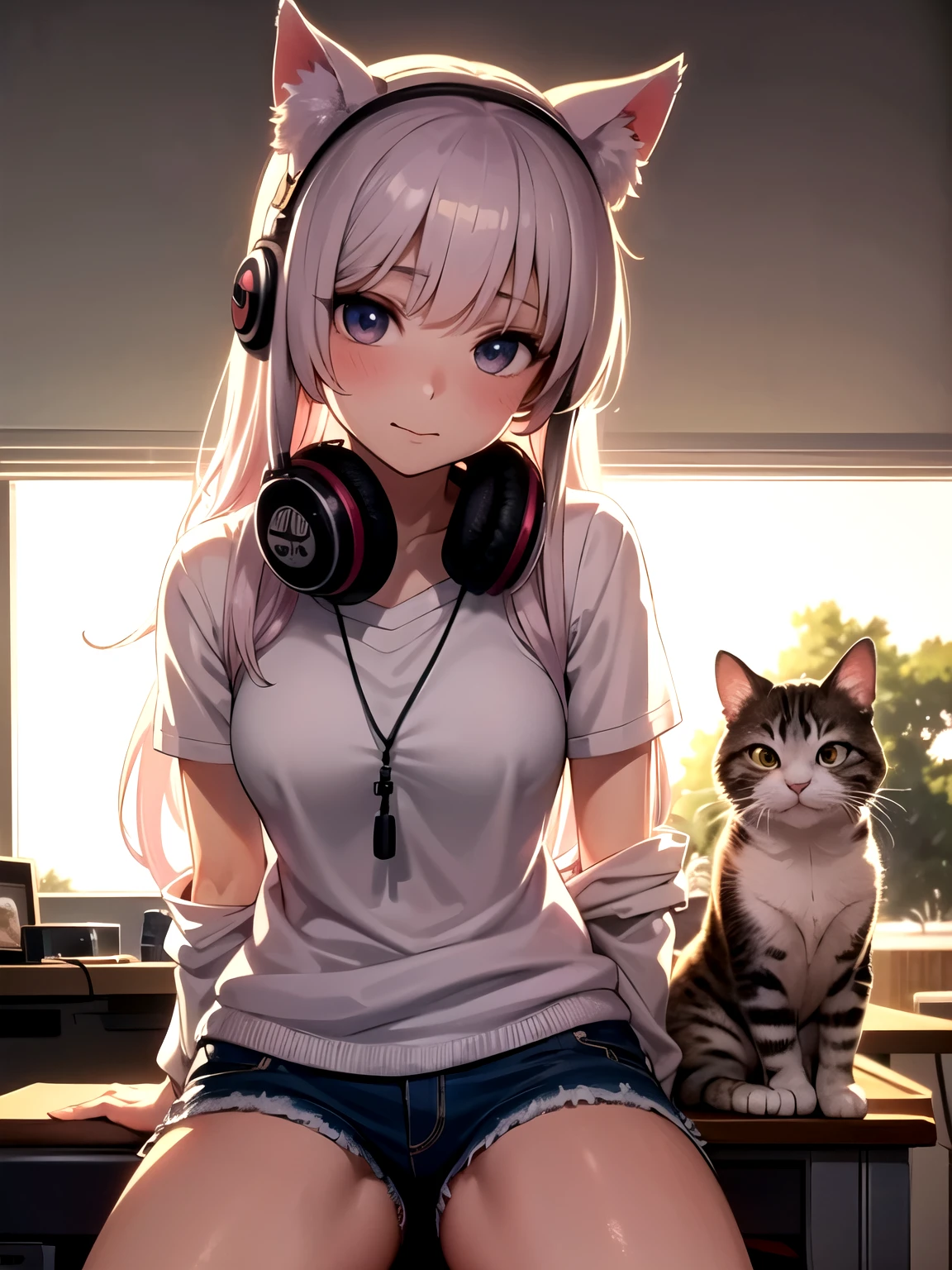 anime girl with headphones and a cat sitting on a desk, anime cat, anime style 4 k, cute anime catgirl, anime art wallpaper 4k, anime art wallpaper 4 k, cute art style, anime catgirl, digital anime art!!, anime art wallpaper 8 k, anime art style, cute anime girl, anime girl with cat ears, anime picture, cute anime