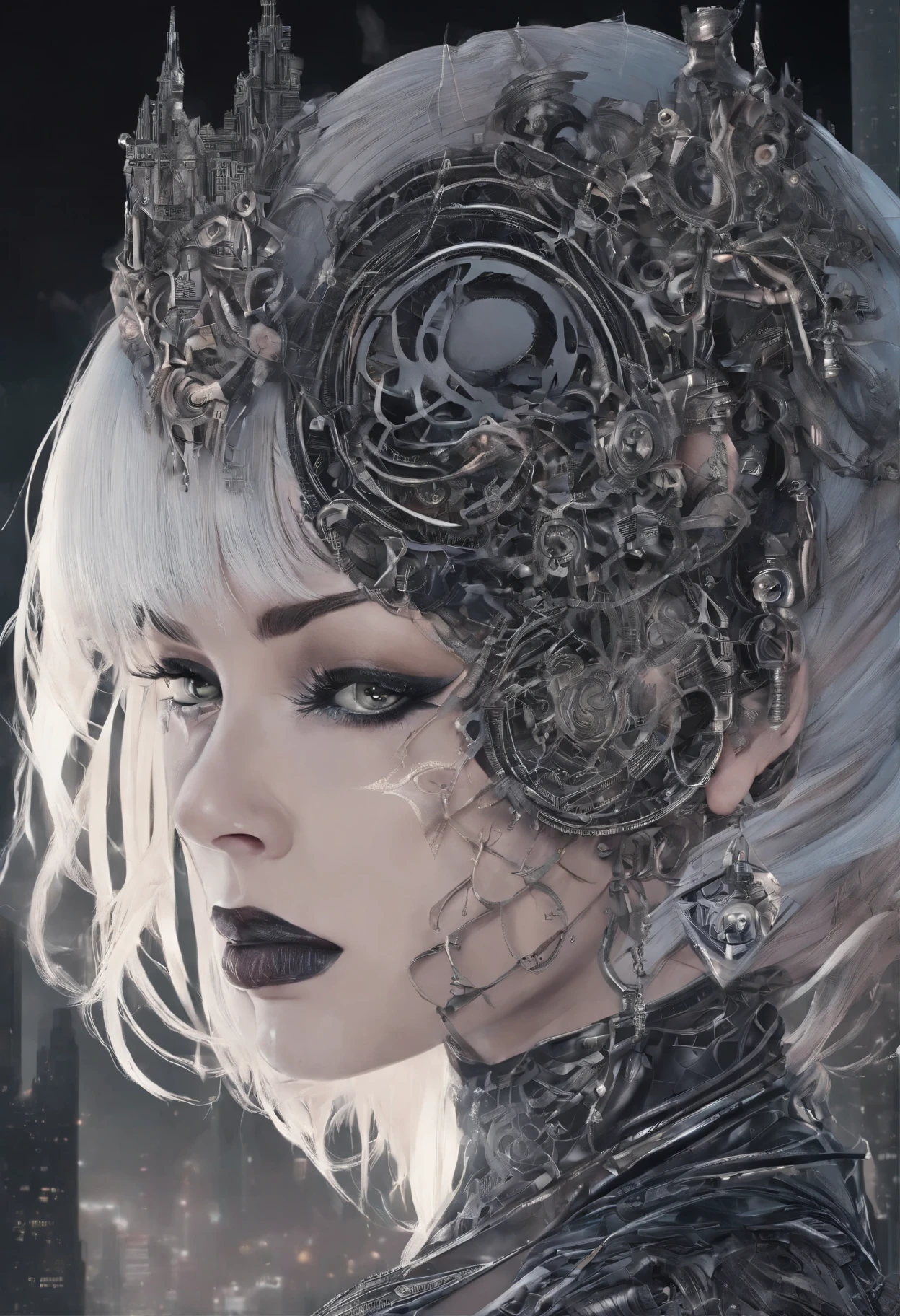 a close-up of a woman with a very strange face and strange hair, horror cyberpunk style, angry cyberpunk beautiful goddess, cyborg woman, hyper-realistic cyberpunk style, cyborg girl, cyberpunk style,hyper-realistic, intricate cyberpunk makeup - up, cyborg - girl, cyborg fashion model, Detailed portrait of a cyborg, cyberpunk cyborg, angry female cyborg
