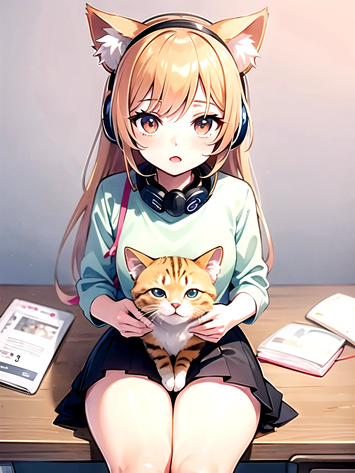 anime girl with headphones and a cat sitting on a desk, anime cat, anime style 4 k, cute anime catgirl, anime art wallpaper 4k, anime art wallpaper 4 k, cute art style, anime catgirl, digital anime art!!, anime art wallpaper 8 k, anime art style, cute anime girl, anime girl with cat ears, anime picture, cute anime