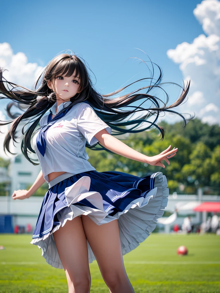 A beautiful girl wearing a white school uniform，She was standing on the green field playing football。Her long hair fluttered in the wind，The breeze ruffles my cheeks and skirts，It gives a fresh and natural feeling