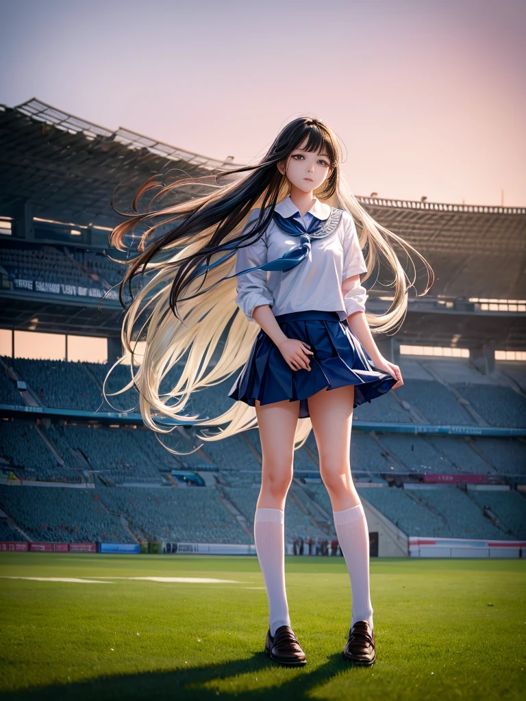 A beautiful girl wearing a white school uniform,She was standing on the green field playing football。Her long hair fluttered in the wind,The breeze ruffles my cheeks and skirts,It gives a fresh and natural feeling