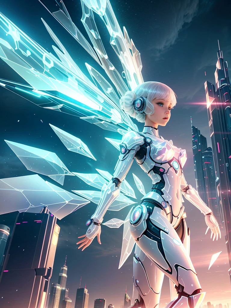 Translucent ethereal mechanical girl,Futuristic girl,Mechanical joint,futuristic city background