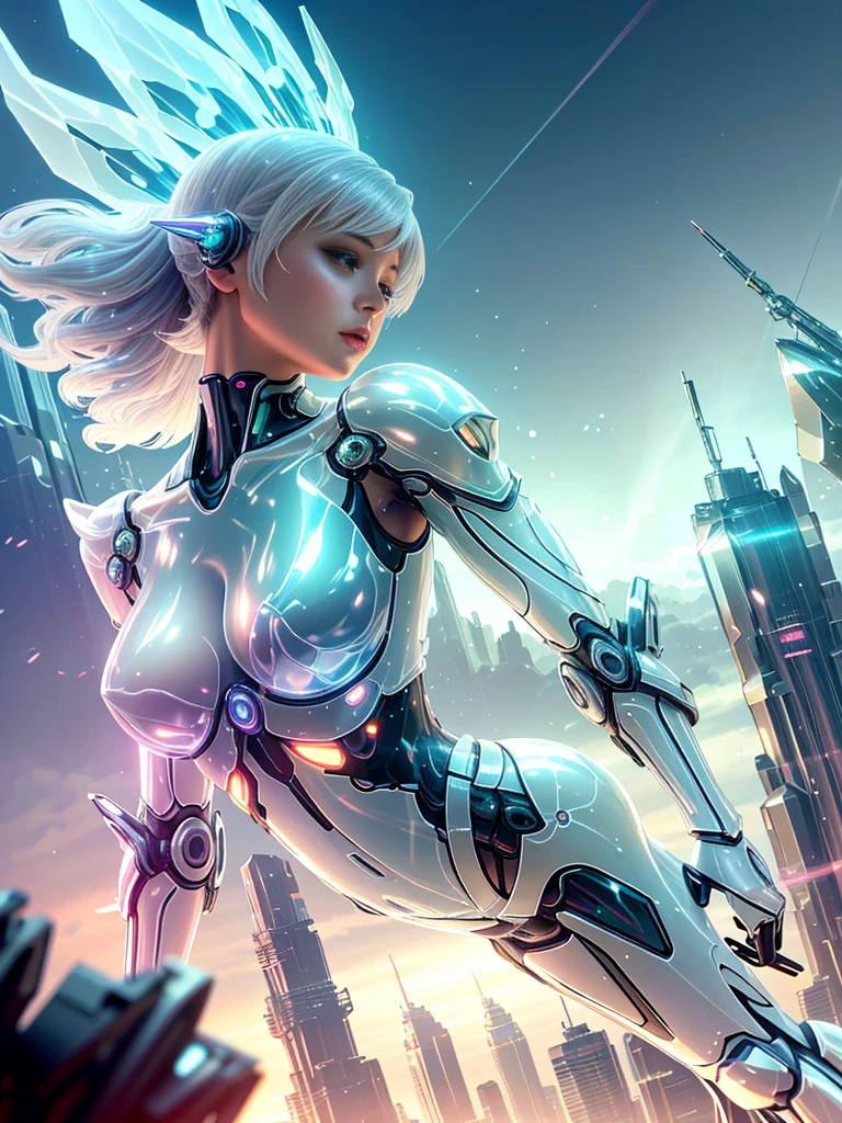 Translucent ethereal mechanical girl，Futuristic girl，Mechanical joint，futuristic city background