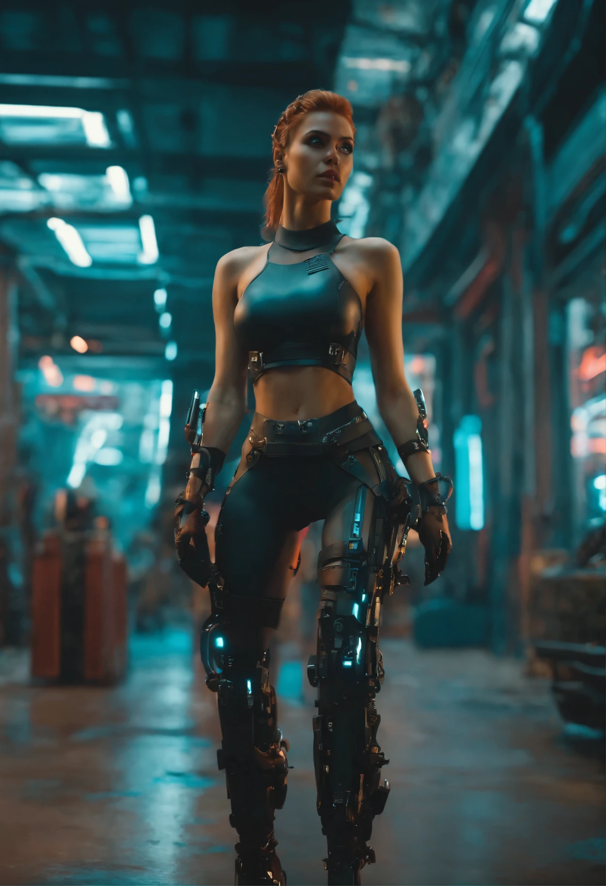 uma belissima mulher ciborgue cyberpunk, olhos azuis, calelo curto, corpo humano, mechanic legs, mechanical arms, em uma cidade furista, 8k  ultra detalhado e realista