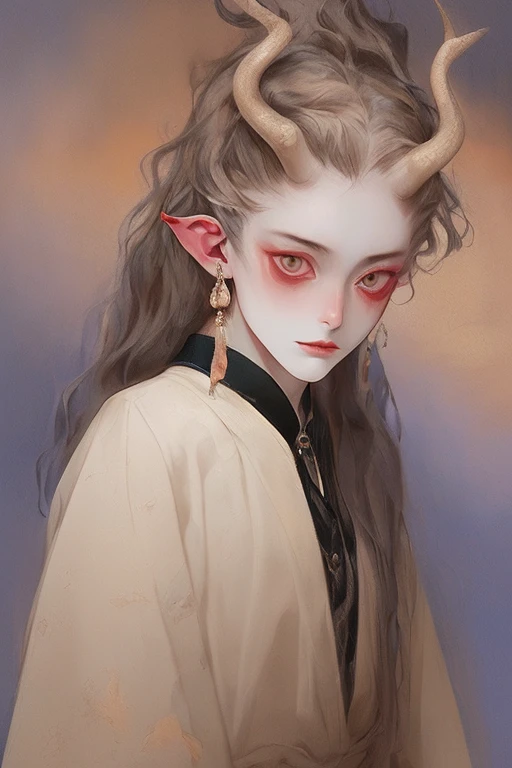 (Face close-up, Extreme close-up shot:1.4), (focus on the face view:1.2), (masterpiece), (best quality), 1 girl, (albino demon girl:1.4), (Aesthetic minimalist makeup girl), (long straight black horns:1.3), alabaster skin, smirking, (sky-blue eyes:1.3), (long wavy hair), (orange-copper hair), ((huge breasts)), ((In portrait Twisted geometric patterns)), laugh out loud, wearing a sexy school uniform, (tight white unbuttoned shirt), ((braless), kaleidoscopic nightmares, portrait, stood, concept art, cinematic, volumetric lighting, highly detailed, 8k