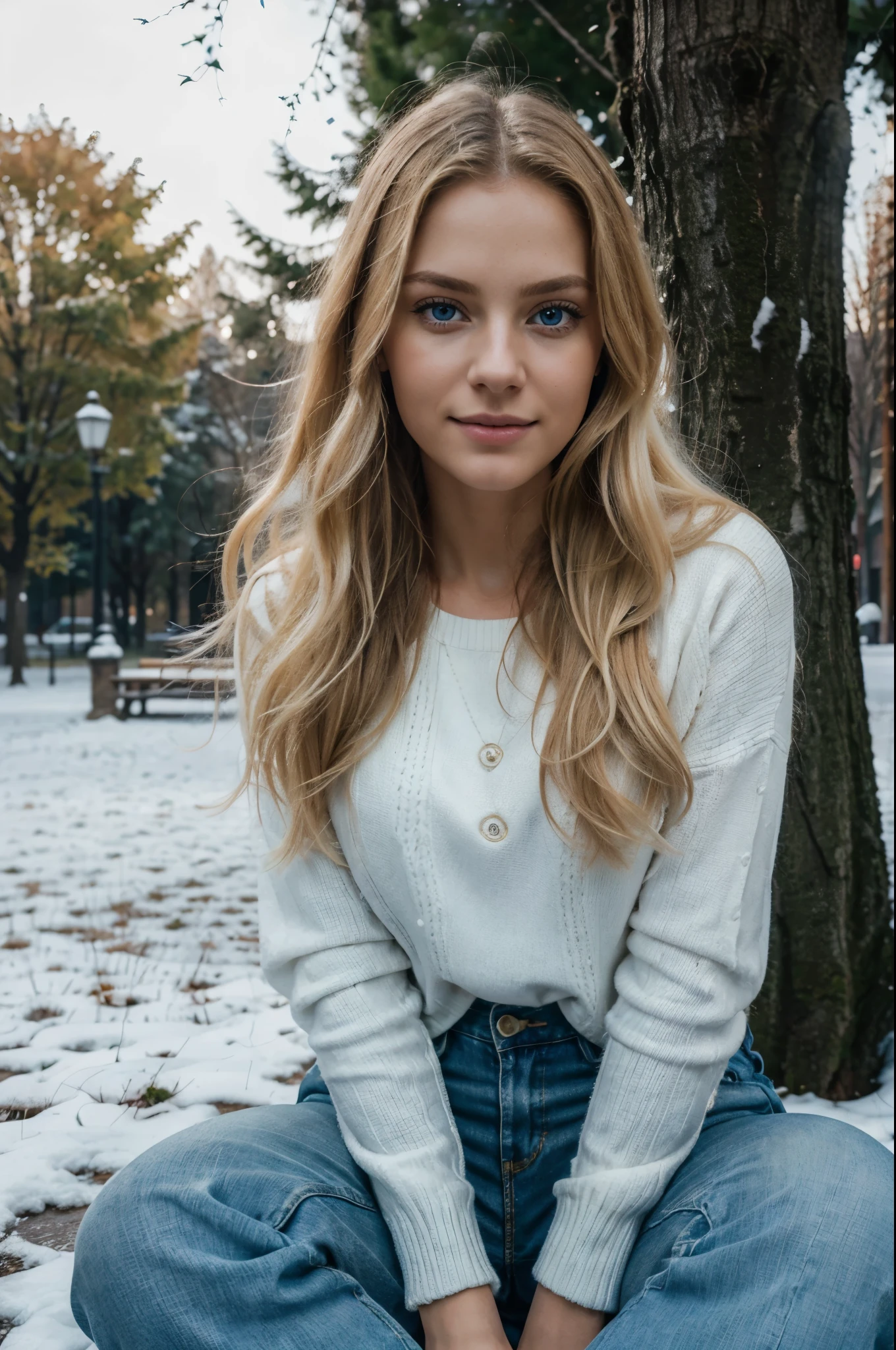 RAW, photograph,((best quality)), ((masterpiece)), ((realistic)), gorgeous european woman, 24 year old, (long blonde hair), blue eyes, wearing a luxurious sweater and a leather jacket and jeans, full body, Sitting outside in a park in the cold snowy winter, happy face, smiling, innocent, (freckles:0.6), intricate details, highly detailed, sharp focus, professional, 4k, god rays, stunning blue eyes, , delicate, innocent, highres, detailed facial features, high detail, sharp focus, smooth, aesthetic, extremely detailed, photo_\(ultra\), photorealistic, realistic, post-processing, max detail, roughness, real life, ultra realistic, photorealism, photography, 8k uhd, photography, SEMI-SILHOUETTE light, european face 