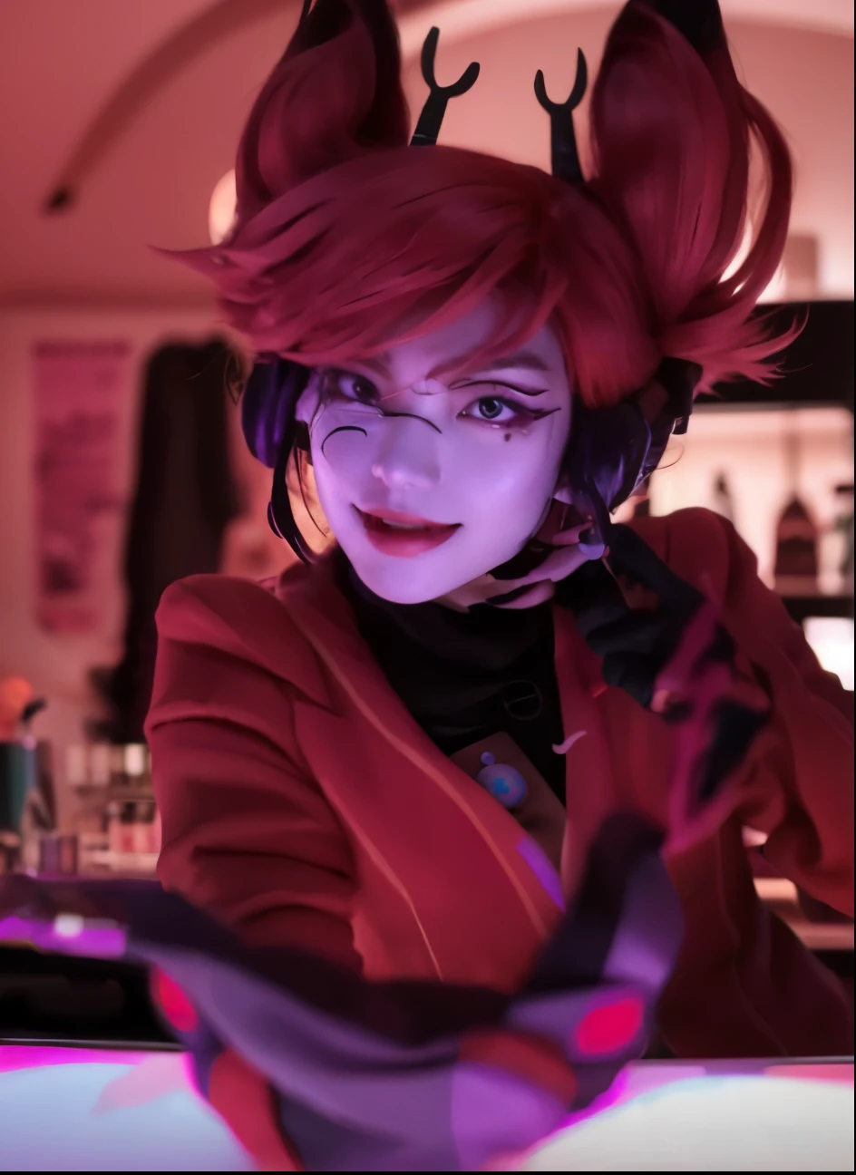 un primer plano de una persona disfrazada con cuernos, Moira de Overwatch, Joker se parece a Naruto, yume nikki, cuchilla del grupo de drenaje, Sonrisa vertiginosa, akane owari danganronpa, arte digital de danganronpa, Muffet de Undertale, Annie de League of Legends, foto de perfil 1024px