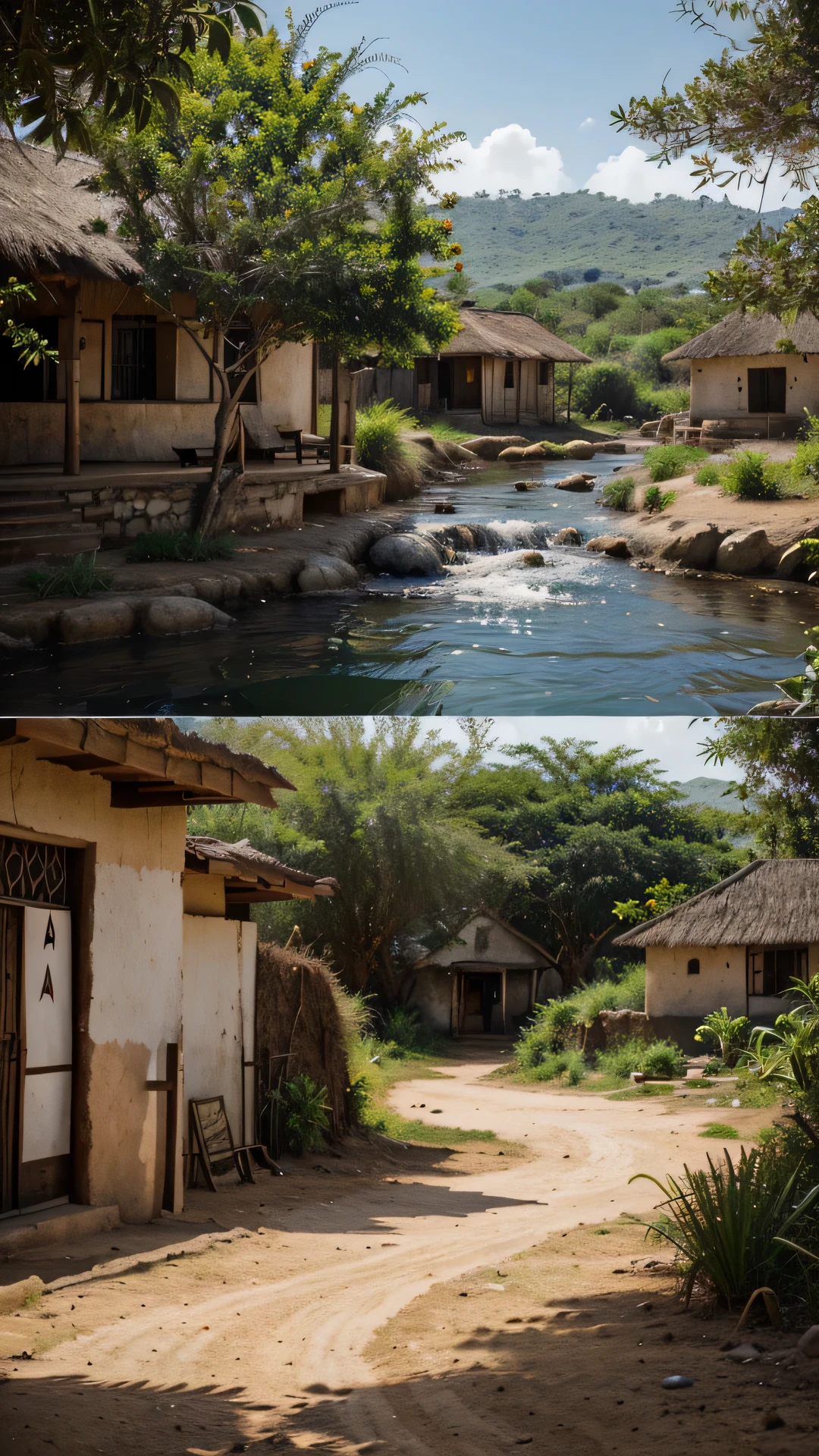 Generate an evocative image depicting the landscape of Angola during the time of Queen Nzinga's rule. Envision the natural beauty of the region, incorporating elements such as lush vegetation, flowing rivers, and diverse terrain. Include traditional villages or settlements that align with the historical and cultural context of Nzinga's era. Capture the ambiance of the time with warm, natural lighting that enhances the authenticity of the scene. Consider incorporating subtle details like indigenous architecture, people engaged in daily activities, and symbols that represent the cultural richness of 17th-century Angola. Craft an image that transports viewers to the historical setting, offering a glimpse into the landscapes and daily life during Queen Nzinga's reign.