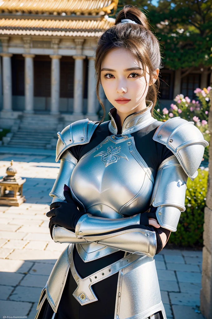 (8k, best quality:1.2), (masterpiece:1.37), (photo, photoactual:1.37), (ultra high resolution), halF body, Walking posture, shot From Front, slow motion, Female paladin wearing the Full body, (Light silver armor:1.2),(Ornately decorated armor), (Extremely detailed, bloom:1.5), (best quality, Alessandro Casagrande, Greg Rutkoski, Sally Mann, concept art, 4K), (simulation:1.2), (high sharpness), (detailed student:1.1), detailed Face and eyes, masterpiece, best quality, (highly detailed photo:1.1), (long golden hair, ponytail,ecstatic:1.1), (young woman:1.1), sharp, (perFect body:1.1), actual, Real Shadow, 3D, (temple background:1.2), arms crossed over the chest 
photographed by Canan EOS R6, 135mm, 1/1250 seconds, F/2.8, ISO 400