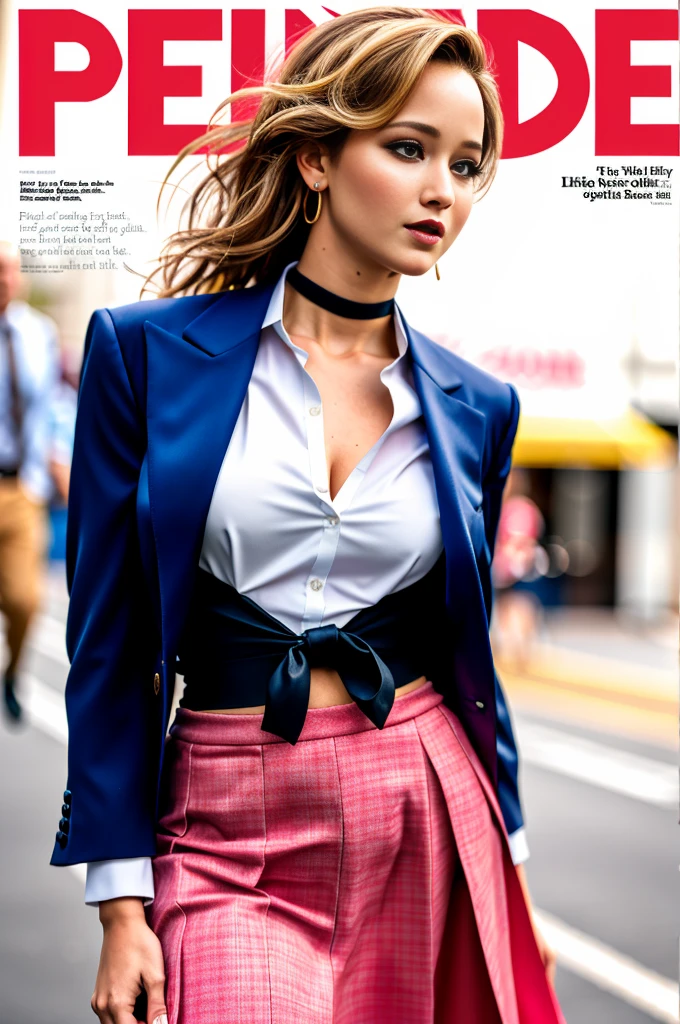 Jennifer Lawrence、masterpiece, highest quality, whole body, 1 girl, black tie, blue skirt, blush, bracelet, chest, choker, clothes around it waist, clavicle, collared shirt, cowboy shot, dress shirt, ear earrings, eyebrows visible through hair, looking at the viewer, loose tie, tie, earrings, Plaid, Plaid skirt, pleated skirt,ring, , shirt, skirt, alone, white shirt, street, null, cherry blossoms, petal,figure, (magazine:1.3), (cover-style:1.3), fashionable, woman, vibrant, clothing, take a pose, front, colorful, dynamic, background, element, With confidence, Performance, holding, statement, accessories, majestic, coiled, around it, touch, scene, article, cover, bold, to attract attention, title, stylish, Font, catchy, headline, bigger, impressive, modern, trend, concentrated, fashion,