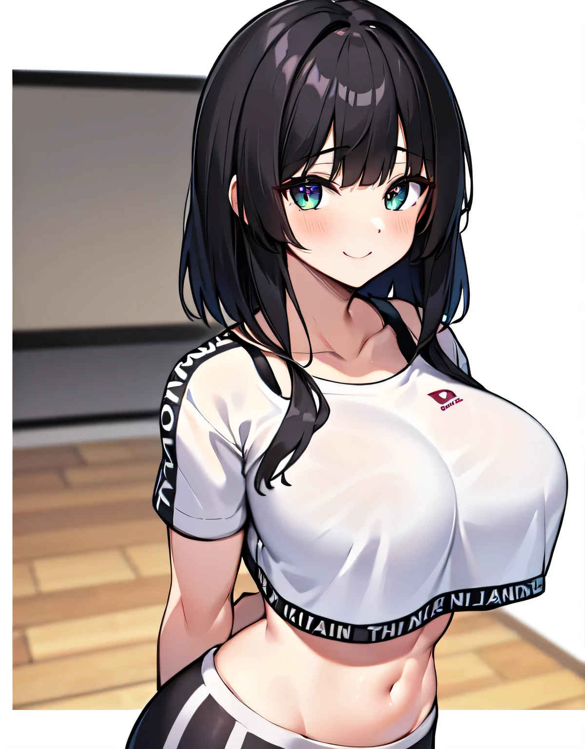 (big breasts:1.5),looking at the viewer,((masterpiece)),((highest quality)),perfect anatomy,8K UHD,highly detailed face,luster and luster,((1 girl)),((alone)),beautiful and fine eyes,perfect image,(Upper body:1.1),(look ahead:1.1),turn your arms behind your back,slim waist,shiny hair,Are standing,black hair,(dull bangs:1.1),medium hair,smile,indoors,gym,Are standing,super detailed,disorganized,