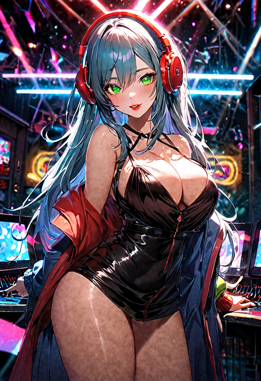 very sexy and beautiful adult woman with large green eyes, long hair. Impeccably make up with red lipstick, dark eyeshadow accentuating her bright eyes. She's dressed in an open jacket that's slightly oversized, wearing a top covering her ample bosom. Sporting large, colorful headphones, she stares directly at the camera. The background is a vibrant musical club setting with various multicolored light effects. Cinematic light, she is happy and enjoyng it