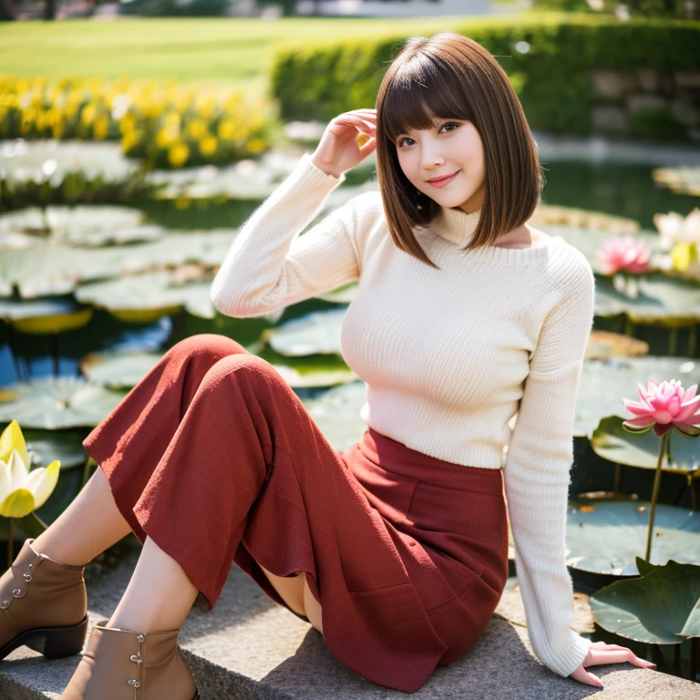 extremely detailed 8k wallpaper,lotus ,blonde,model posing,smirk,20-year-beautiful,cute,long skirt,neck sweater,short boots,big breasts,Sidecut hair,Symmetrical bangs,straight hair,medium short hair,whole body