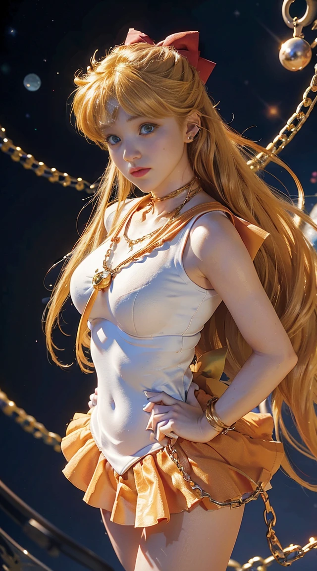 (Sailor Venus Minako Aino) highest quality, Ultra High resolution, masterpiece, (reality: 1.6), 16k,, full body shot, Life Scene, masterpiece, highest quality, High resolution, venus1, 1 girl, alone, sailor sengoku uniform, sailor venus, Minako Aino, blonde, Magical girl, blue eyes, Orange skirt, elbow bag, hat, pleated skirt, hair ribbon, orange sailor collar, mini skirt, necklace, red bow, Orange necklace, white gloves, long hair, jewelry, earrings, (turn your arms behind your back:1.4)、((BDSM:1.4))、(Tying the body with chains:1.4)
