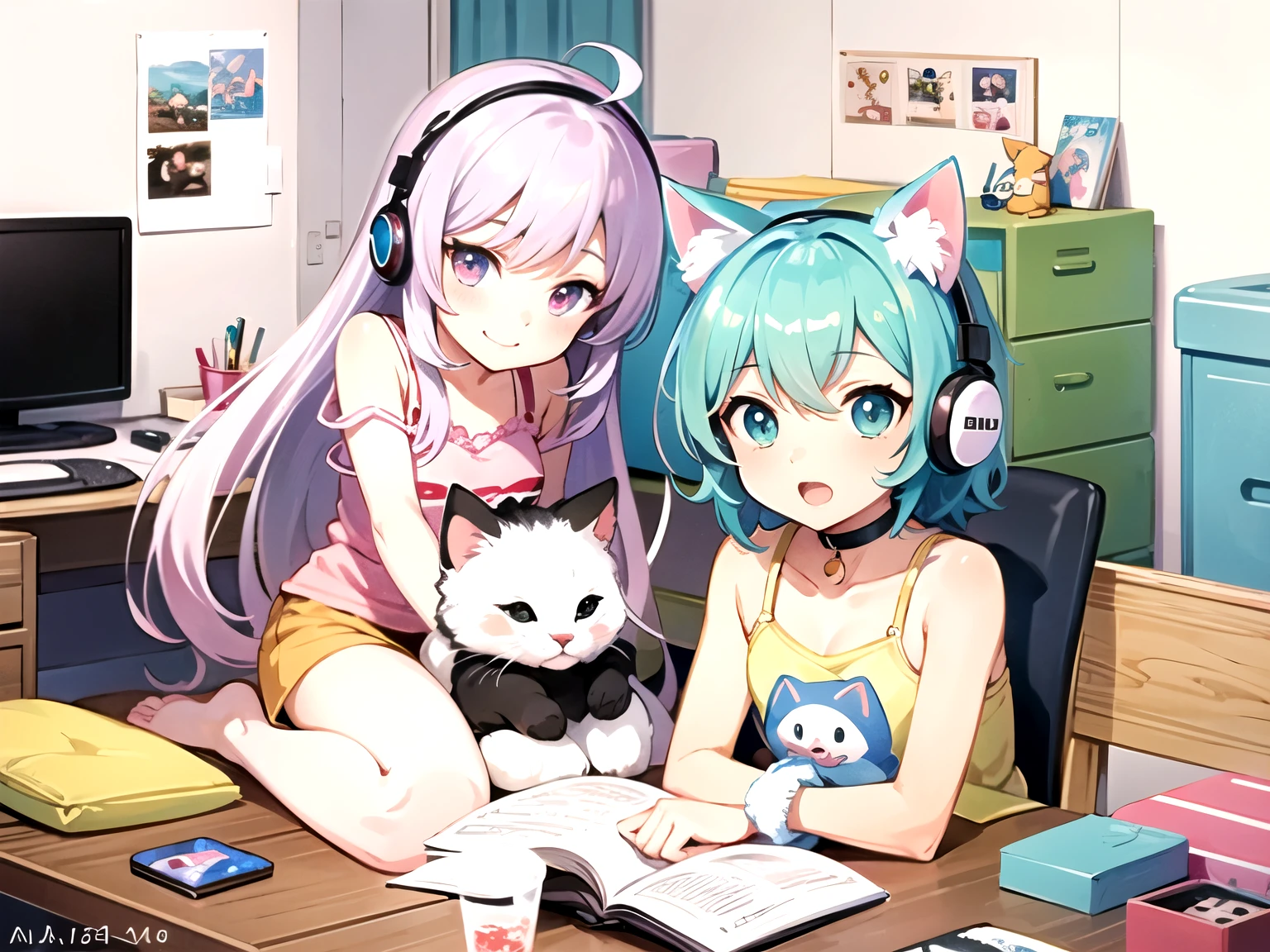 anime girl with headphones and a cat sitting on a desk, anime cat, anime style 4 k, cute anime catgirl, anime art wallpaper 4k, anime art wallpaper 4 k, cute art style, anime catgirl, digital anime art!!, anime art wallpaper 8 k, anime art style, cute anime girl, anime girl with cat ears, anime picture, cute anime