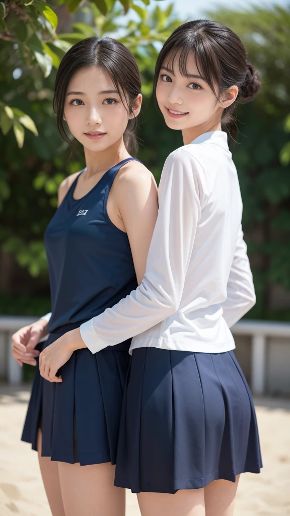 super high quality、Masterpiece、超high resolution、depth of field、(Realism:1.4)、(Winning photo、信じられないほどのMasterpiece:1.3) 、original photography、golden ratio、the Extremely Detailed CG Unity 8k Wallpapers、Detailed and complex、The original、high resolution、original photo、(perfect body shape)、Detailed and complex、digital SLR、soft light lighting、(Blurred background characters:1.1)、Sigma 85mm F/1.4、50mm Lenac lighting、north african trade zone、Surreal、color grade,(2 girls, Same height :1.2) ,Rear view, runningning , running, Race, Jumps跃 up and down cheerfully, Couple focus , 快乐地Jumps舞,spread legs, Lift your legs, Jumps, Jumps跃, Jumps跃, dance, Big , japanese girl , (Smile:0.7), Stand side by side , Upper body, Beach volleyball,look back, (Never wear a skirt), Sailor suit, long sleeves, dark blue lantern flower, The fabric of the bloomers is very thin, Realistic ass crack, grinning, Very Shorthair , (High color saturation:1.0), (highly refined skin), (best quality:1.0), (超high resolution:1.0) ,(Photographic Realism:1.0), (Super detailed:1.0), (8k, original photo:1.1)