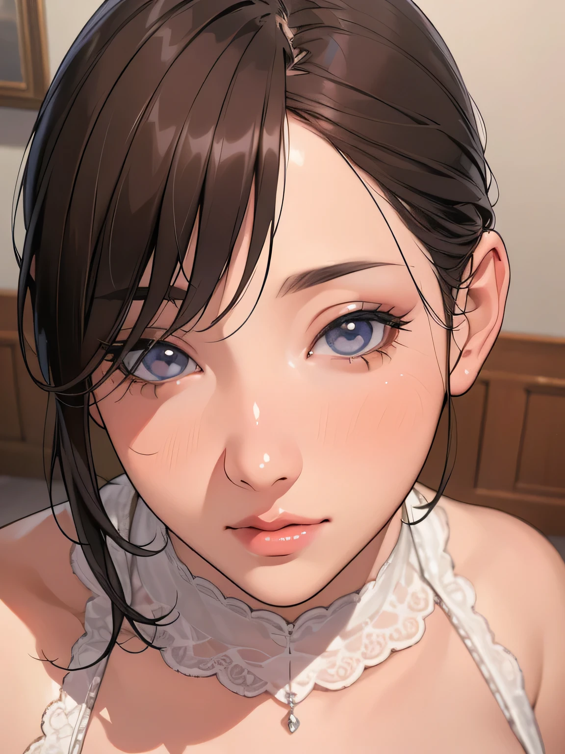 (highest quality、4k、8k、high resolution、masterpiece:1.2)、Super detailed、(real、photorealistic、photorealistic:1.37)、Floor viewpoint、1 girl、beautiful detailed eyes、beautiful detailed lips、highly detailed eyes and face、long eyelashes、looking down on the audience、Panty shot、18-year-old。woman、American、Thigh Stockings、Bedroom、Luxury Apartments、Don't wear shoes、Bright colors、Portrait、soft lighting、warm tones