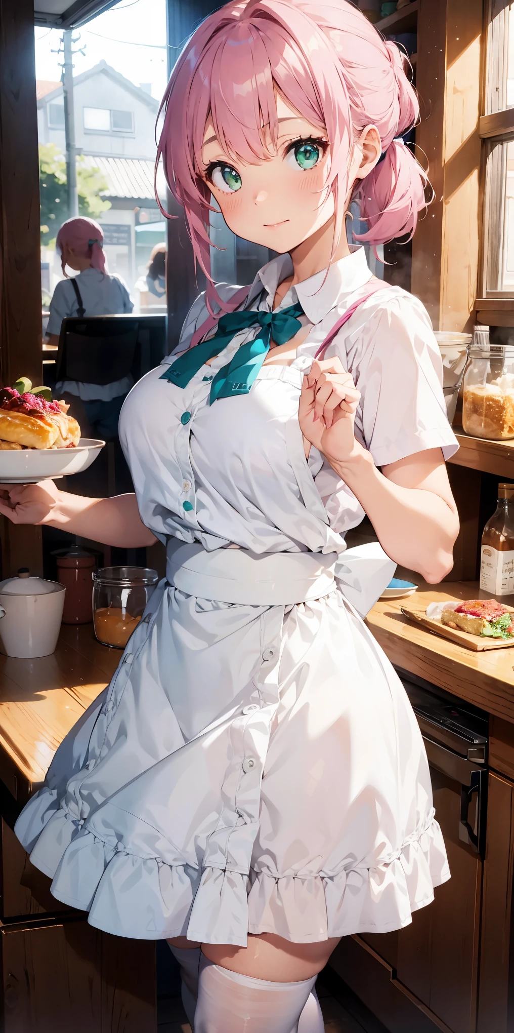 highest quality, 1 girl, adult, medium breasts, pink hair, medium hair, ponytail, green eyes, waitress, white shirt, blue skirt, blue ribbon, white apron, waist_apron, short_dispel