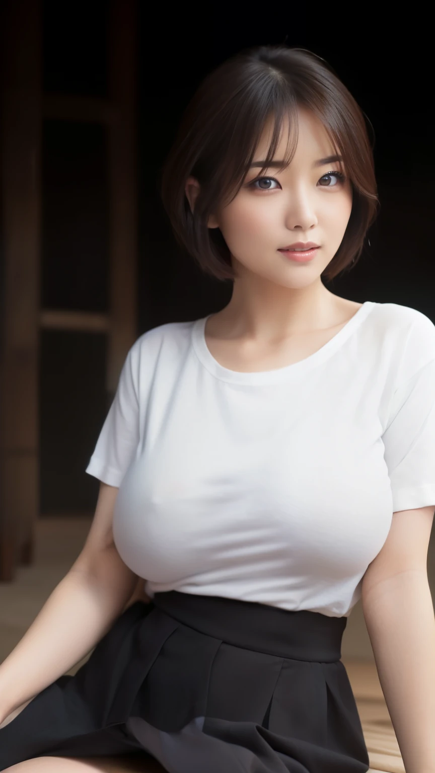 Japanese woman wearing a white loose T-shirt、
(((masterpiece))), ((highest quality)), ((intricate details)), (((超realistic)), Unorganized resolution, mature woman, mature woman, law of near and far, very detailed, realistic, 1 girl, ((big breasts)), perfect hands, Detailed fingers, beautiful and fine eyes, short hair, black eye, black tight skirt, detailed background,perfect eyes, enchanting eyes, look at the audience, from the front、Take a full body photo、laughter、(((slouch:1.3)))