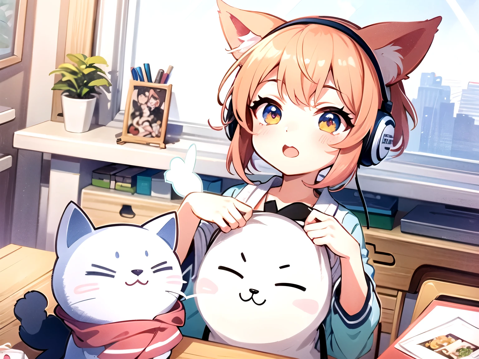 anime girl with headphones and a cat sitting on a desk, anime cat, anime style 4 k, cute anime catgirl, anime art wallpaper 4k, anime art wallpaper 4 k, cute art style, anime catgirl, digital anime art!!, anime art wallpaper 8 k, anime art style, cute anime girl, anime girl with cat ears, anime picture, cute anime