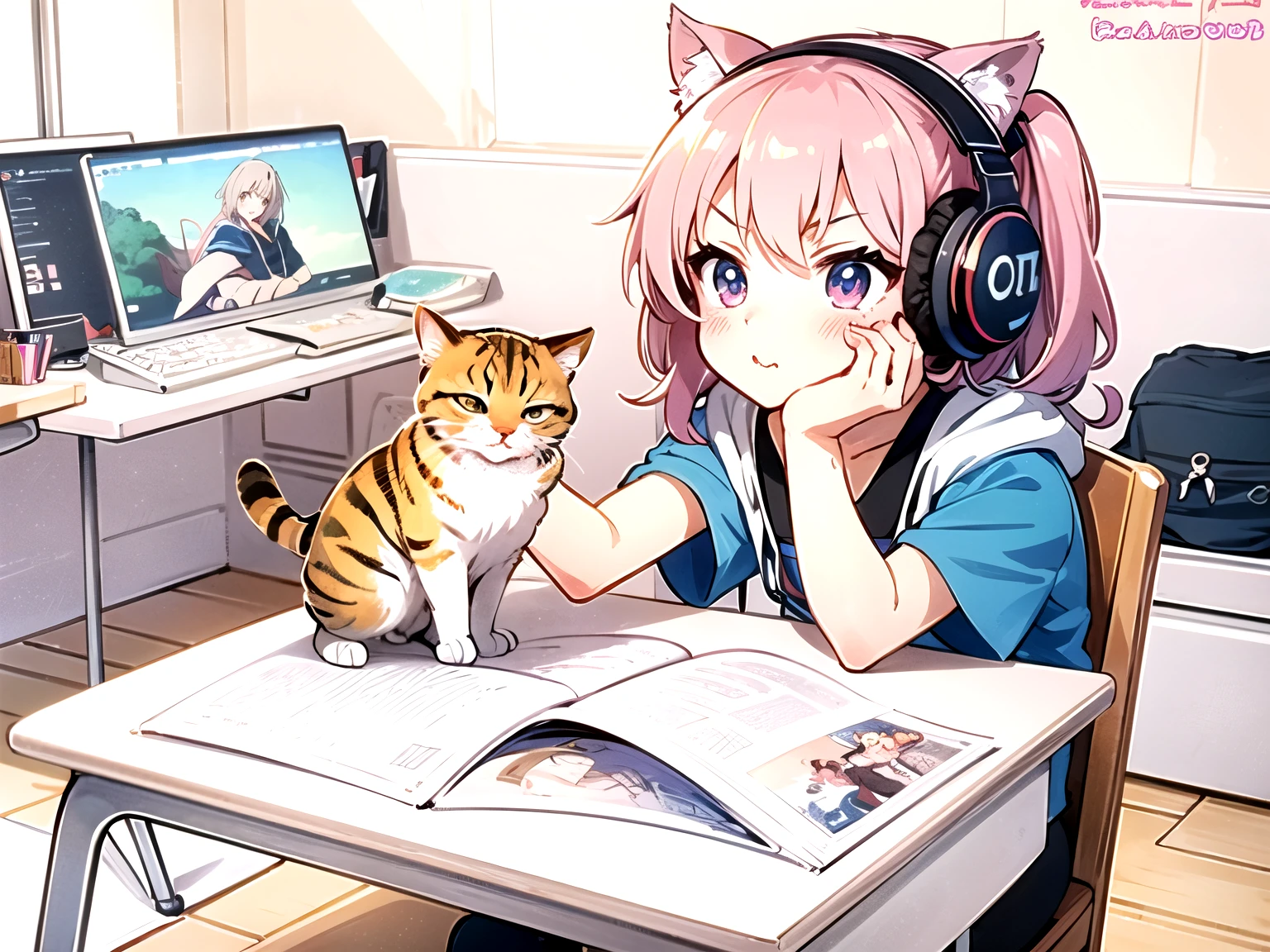 anime girl with headphones and a cat sitting on a desk, anime cat, anime style 4 k, cute anime catgirl, anime art wallpaper 4k, anime art wallpaper 4 k, cute art style, anime catgirl, digital anime art!!, anime art wallpaper 8 k, anime art style, cute anime girl, anime girl with cat ears, anime picture, cute anime