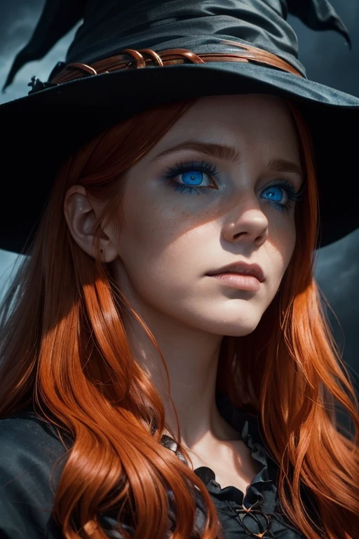(Face close-up, Extreme close-up shot:1.5), (focus on the face view:1.3), dark art, dramatic lighting, otherworld, best quality, oil painting, gloomy, ((terrifying, ominous, eerie, intense, by Francisco de Goya)), fog, epic art, ((witch burning)), crowd, medieval, (salem witch), 1girl, (ginger girl), (makeup), (smirking), (sky-blue eyes:1.3), (long wavy hair), (orange-copper hair), gorgeous triadic color scheme, deep shadows and brilliant highlights, atmospheric,