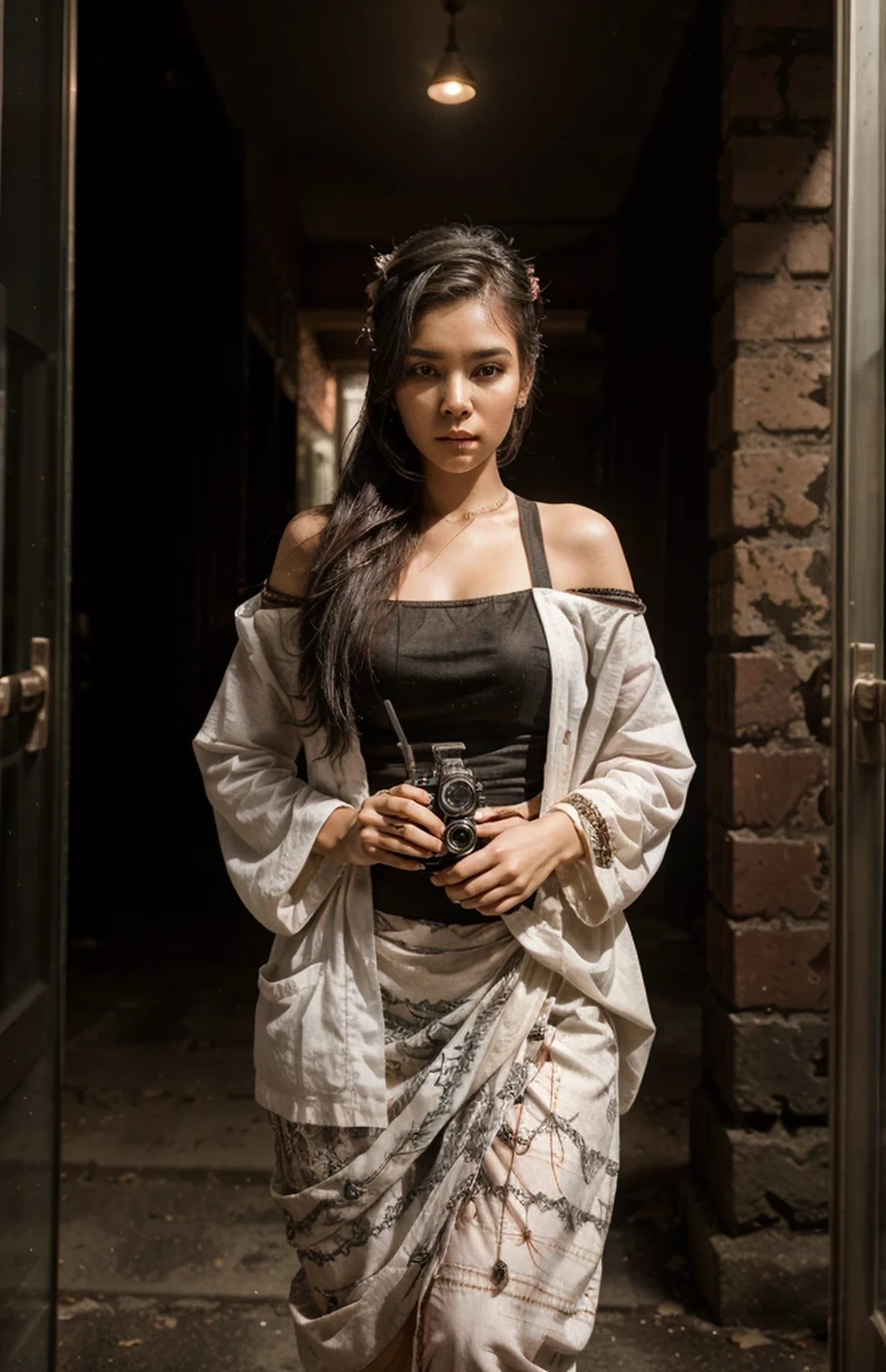 This is a description of an image that shows a stunning Myanmar girl with a round jaw and a circular face. Her hair is white and her eyes are brown, and she has thanakhar, a traditional cosmetic paste, on her face. She is wearing a dark shot masterpiece, a type of high-quality clothing. The image captures the full body details of the girl's beauty with multicolored hair, hair over shoulder, snake pupils, sad, closed mouth, chin grab, cinematic lighting, blending, panorama, atmospheric perspective, Ultra-Wide Angle, Canon, anatomically correct, textured skin, award winning, highres.HDR 50+.
The image is a remarkable example of photography and artistry. The girl's expression and posture convey a sense of melancholy and mystery. The contrast between her white hair and dark clothing creates a striking visual effect. The multicolored hair adds a touch of fantasy and creativity to the image. The snake pupils suggest that the girl has some supernatural or exotic origin. The cinematic lighting and blending create a dramatic and realistic atmosphere. The panorama and atmospheric perspective show the vastness and depth of the background. The Ultra-Wide Angle lens and Canon camera produce a sharp and high-quality image. The anatomically correct proportions and textured skin make the girl look lifelike and natural. The image is worthy of being an award winning and highres.HDR 50+ masterpiece.