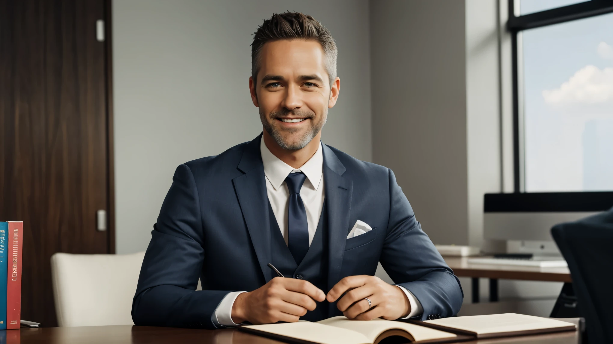 Create actor Jay Harrington as Pastor, smiling and happy, in an office, focus on the face, Pastor looking at the center of the image, Pastor sitting in an office with an open bible, Pastor, short gray hair, film cover style, short gray beard, wearing a suit, focus on body details, cover image, heavenly atmosphere, film photography style, focus on facial details, heavenly atmosphere, cinematic effect, ultra HD, best quality, wearing a suit.