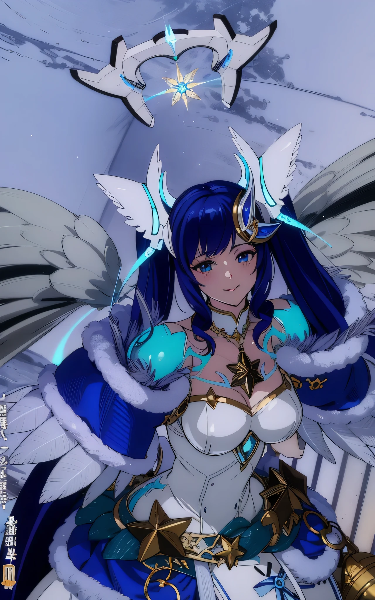 anime - style image of a woman dressed in a white and blue outfit, as a mystical valkyrie, angel in plastic armor, beautiful cyber angel girl, seraphine ahri kda, valkyrie style character, mystical valkyrie, unreal engine render + a goddess, portrait knights of zodiac girl, hyperdetailed fantasy character, mechanized valkyrie girl, rainbow star, left eye blue, right eye green, gold snowflake necklace, gold bells, gold star jewelry, blue twin tail,tattoos on shoulder, smiling (masterpiece)