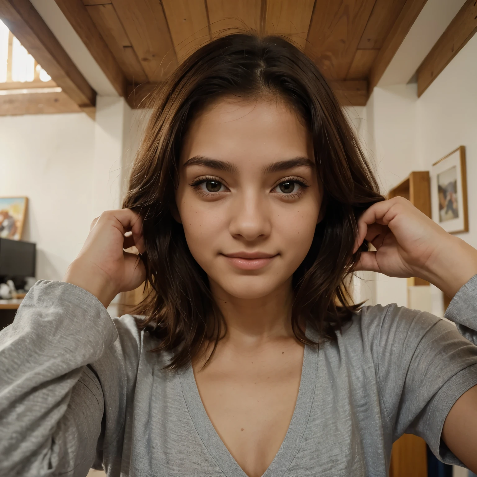 beautiful 18 year old girl, Ojos grandes, pechos grandes, Small and slender, 8k, Calidad superior, (Cabeza muy detallada: 1.0), (cara muy detallada: 1.0), (cabello muy detallado: 1.0), ropa de mucama, Arte oficial muy detallado, estilo de arte anime moe, arte anime limpio y detallado, Sonrisa, cabello dorado, Cabello largo y liso