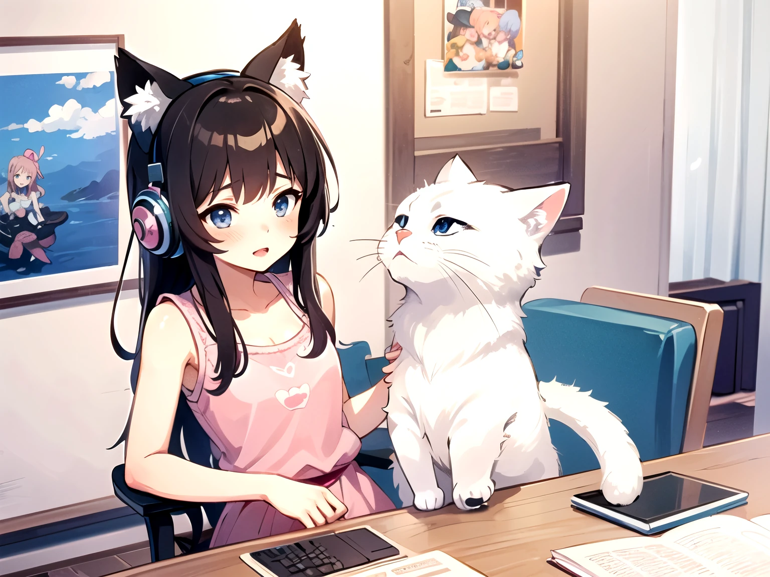 anime girl with headphones and a cat sitting on a desk, anime cat, anime style 4 k, cute anime catgirl, anime art wallpaper 4k, anime art wallpaper 4 k, cute art style, anime catgirl, digital anime art!!, anime art wallpaper 8 k, anime art style, cute anime girl, anime girl with cat ears, anime picture, cute anime