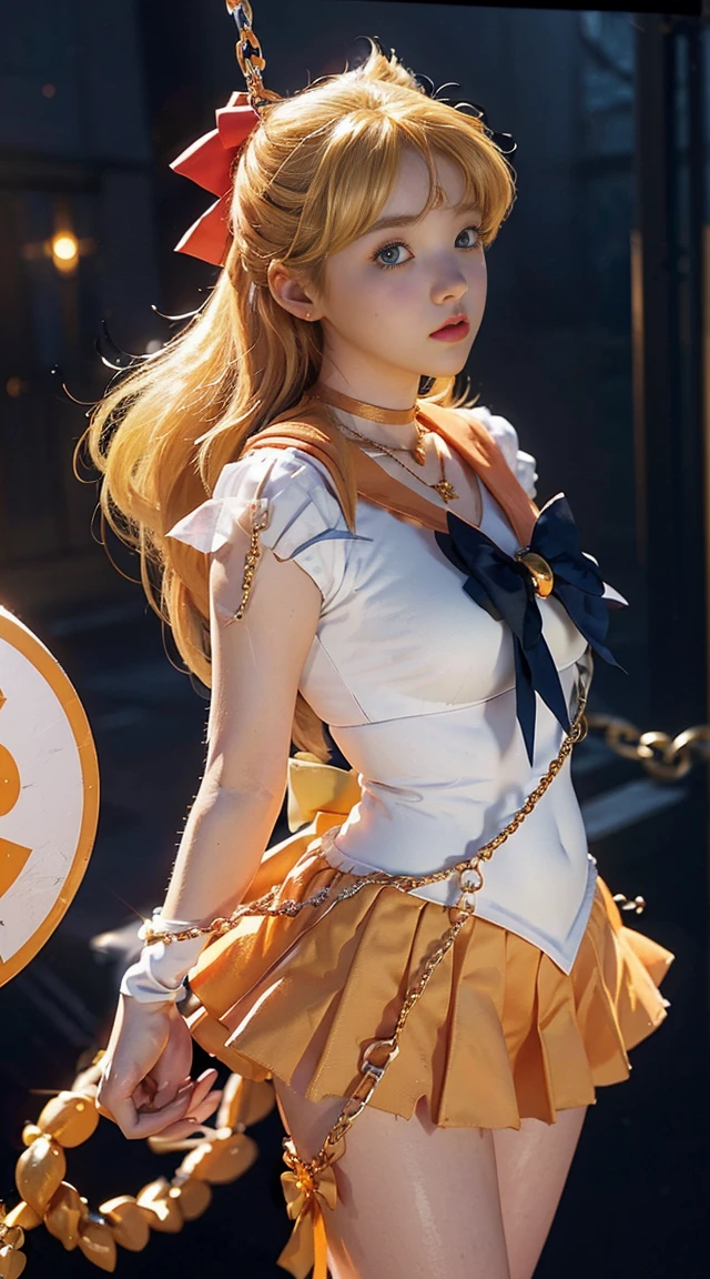 (Sailor Venus Minako Aino) highest quality, Ultra High resolution, masterpiece, (reality: 1.6), 16k,, full body shot, Life Scene, masterpiece, highest quality, High resolution, venus1, 1 girl, alone, sailor sengoku uniform, sailor venus, Minako Aino, blonde, Magical girl, blue eyes, Orange skirt, elbow bag, hat, pleated skirt, hair ribbon, see-through orange sailor collar, see-through mini skirt, necklace,  Orange necklace, white gloves, long hair, jewelry, earrings, (turn your arms behind your back:1.4)、((BDSM:1.4))、(Tying the body with chains:1.4)、slave、