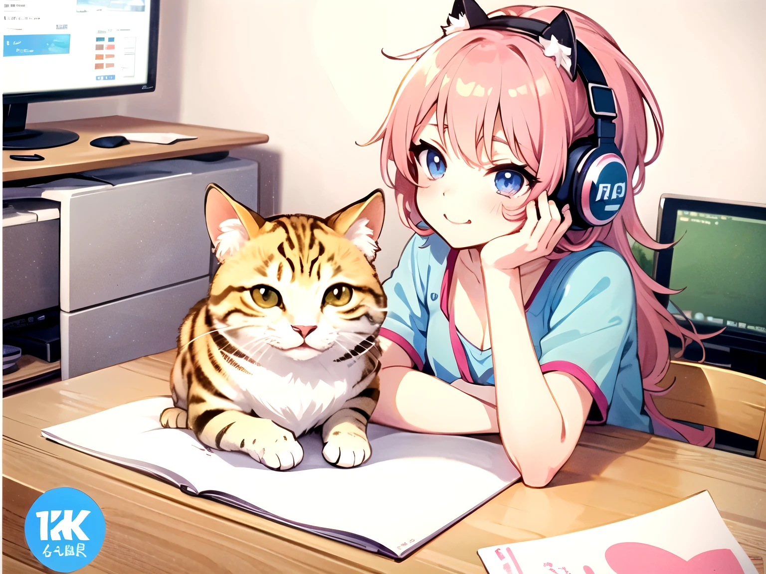 anime girl with headphones and a cat sitting on a desk, anime cat, anime style 4 k, cute anime catgirl, anime art wallpaper 4k, anime art wallpaper 4 k, cute art style, anime catgirl, digital anime art!!, anime art wallpaper 8 k, anime art style, cute anime girl, anime girl with cat ears, anime picture, cute anime