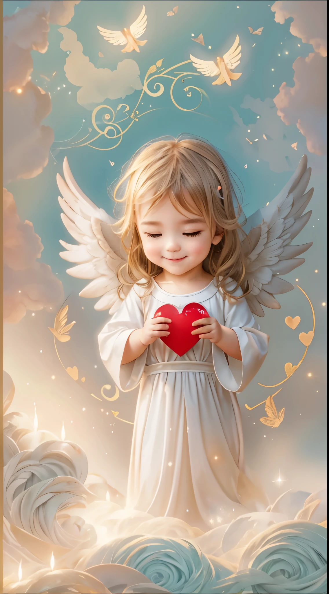 blessings of angels、background bright、holding a heart、like、A sloppy smile、Equable、 angel、face forward、Looking at the camera