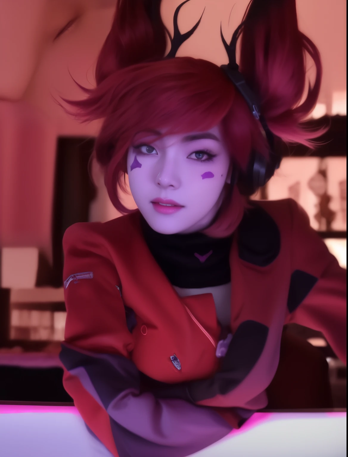 un primer plano de una persona disfrazada con cuernos, Moira de Overwatch, Joker se parece a Naruto, yume nikki, cuchilla del grupo de drenaje, Sonrisa vertiginosa, akane owari danganronpa, arte digital de danganronpa, Muffet de Undertale, Annie de League of Legends, foto de perfil 1024px